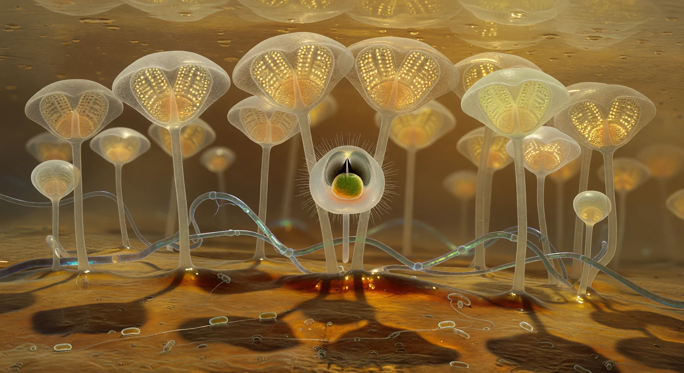 You are hovering at the base of a golden forest, eye-level with the anchoring points of translucent mucilage stalks that rise above you like the pillars of a flooded cathedral, each one crowned by a fan-shaped diatom valve whose silica frustule — etched with rows of submicron pores — blazes amber and frosted-cream where the oblique grain-filtered light catches it, while those facing away cast precise Y-shaped shadows across the lacquered extracellular polymeric substrate beneath your feet, a floor of compacted biological varnish that shifts from transparent amber in thin patches to deep burnt-ochre where the EPS matrix pools into glossy ridges. Pressed between two stalks at mid-canopy height, a Chaetonotus gastrotrich — a complete bilateral animal, organ systems visible through its milky cuticle as through frosted acetate — holds itself braced by posterior adhesive tubes against the torque of active feeding, its triradiate pharynx dilated to maximum aperture around a whole intact diatom cell whose silica valve is caught mid-compression at the buccal opening, the mechanics of ingesting a particle nearly as wide as the predator's own head playing out in a fraction of a second. Cyanobacterial filaments drape between stalk bases in blue-green loops, iridescent where a thin water film renders interference color, and comma-shaped bacteria inscribe glistening mucus trails across the varnish floor below — every surface here is simultaneously architecture, food source, and chemical signal, a world where viscosity and surface tension replace gravity as the governing forces, and where the entire known universe fits within the area of a fingertip pressed lightly into wet sand.