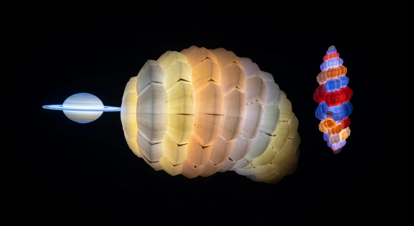 You are floating inside a perfect optical void, a darkness that has no equivalent in the natural world — not the dark of ocean depths or unlit caves, but the absolute extinction of polarized light itself, and from within it, the foraminifera around you burn like self-illuminating architecture. The curved chambers of a *Globigerina* test rise at cathedral scale before you, each calcite domain glowing in warm first-order yellows and pale tangerine where the crystal lattice thickens, cooling to cream-white at the sutures, the entire coiled geometry reading as a stained-glass basilica lit not by any external source but purely by the physics of crystallographic orientation speaking through crossed polarizing fields. Nearby, the compressed keel of a *Globorotalia* disc blazes with electric blue-white — a geometrically sharp mineral blade only micrometers thick, its interference color maximized along its entire length like the arc of a welding torch — while at the assemblage's edge, a *Textularia* column rises as a mosaic of deep crimson, sapphire, and burnt orange, each cemented quartz grain glowing in its own crystallographic direction, a record of individual mineral histories rather than biological intent. Against all of this chromatic fire, the *Quinqueloculina* test beside them registers as the most absolute darkness in the field: its porcelaneous calcite, randomly oriented, extinguishes every photon of polarized light that passes through it, rendering the most geometrically complex shell in the assemblage as a perfect, matte black silhouette — the most beautiful absence in a world defined entirely by the presence or extinction of light.