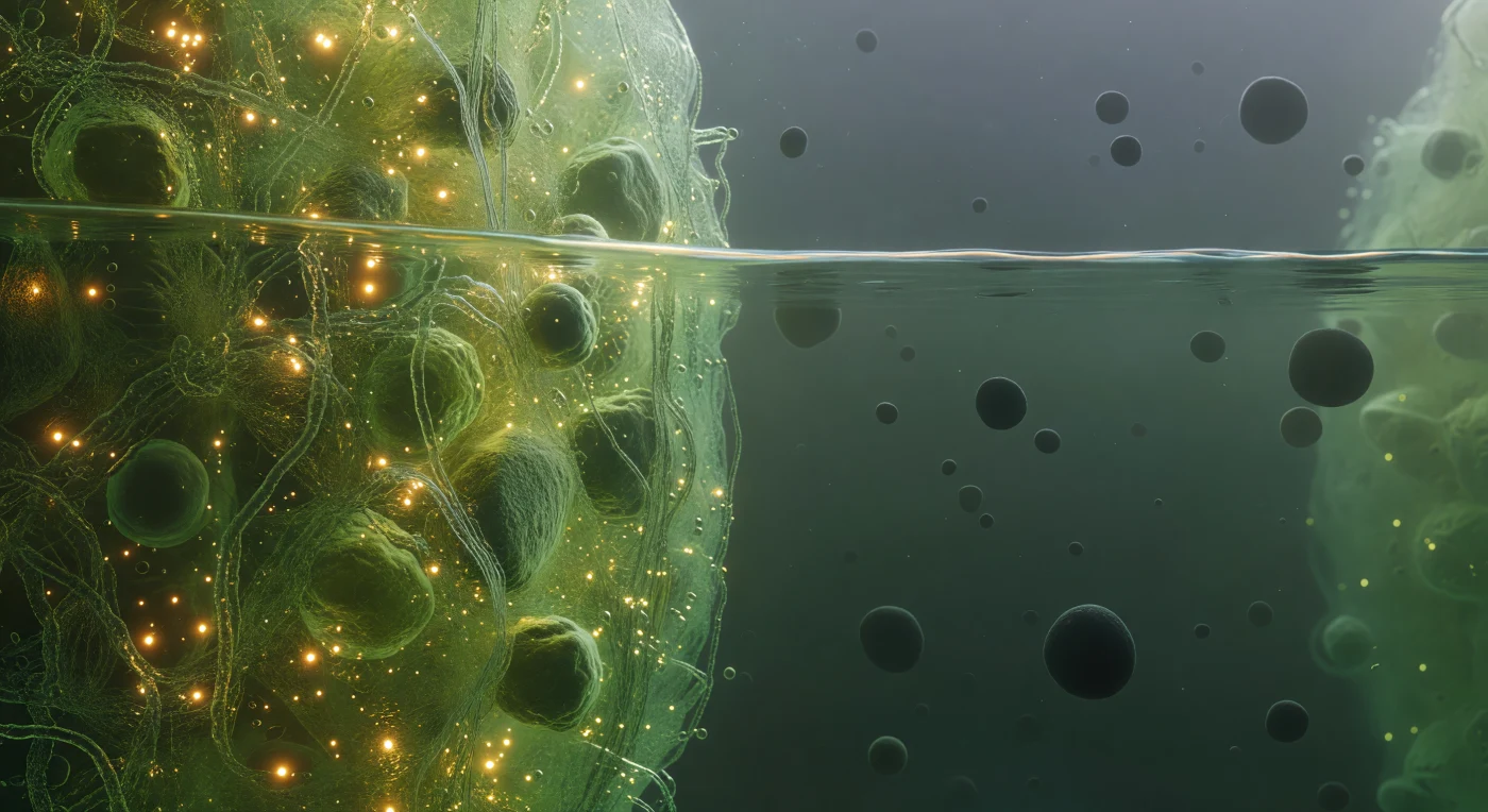 You float precisely at the threshold of two immiscible biological worlds, straddling the phase boundary of a stress granule — a membraneless organelle assembled not by lipid walls but by the thermodynamic logic of liquid-liquid phase separation, where intrinsically disordered proteins and mRNA chains spontaneously partition into a dense, self-organized condensate phase coexisting with the surrounding dilute cytoplasm. To your left, the condensate interior glows with a saturated green-gold luminescence, its molecular mesh so densely packed — proteins and RNA entangled at concentrations approaching hundreds of milligrams per milliliter — that light scatters and pools into an amber warmth, the whole medium trembling with Brownian agitation as ten thousand macromolecules press and slide against one another in a viscoelastic medium that behaves somewhere between liquid and gel. Directly before you, the interface itself holds as a sharp thermodynamic discontinuity, not a gradient but a true phase boundary maintained by surface tension, shivering with capillary fluctuations at the nanometer scale — a faintly iridescent, undulant seam where the dense condensate ends absolutely and the dilute phase begins, catching the interior light in a thin luminous caustic that is the only hard edge in this otherwise fluid and probabilistic landscape. To your right, the dilute cytoplasm opens into a comparative void, a cool blue-green haze where individual ribosome complexes drift as dark matte boulders separated by distances that feel like open ocean after the claustrophobic interior — each one a 25-nanometer asymmetric assembly of RNA and protein, enormous against the diffuse background scatter, fading into a particulate murk where the next organelle boundary is only a vague brightening at the limit of visibility.
