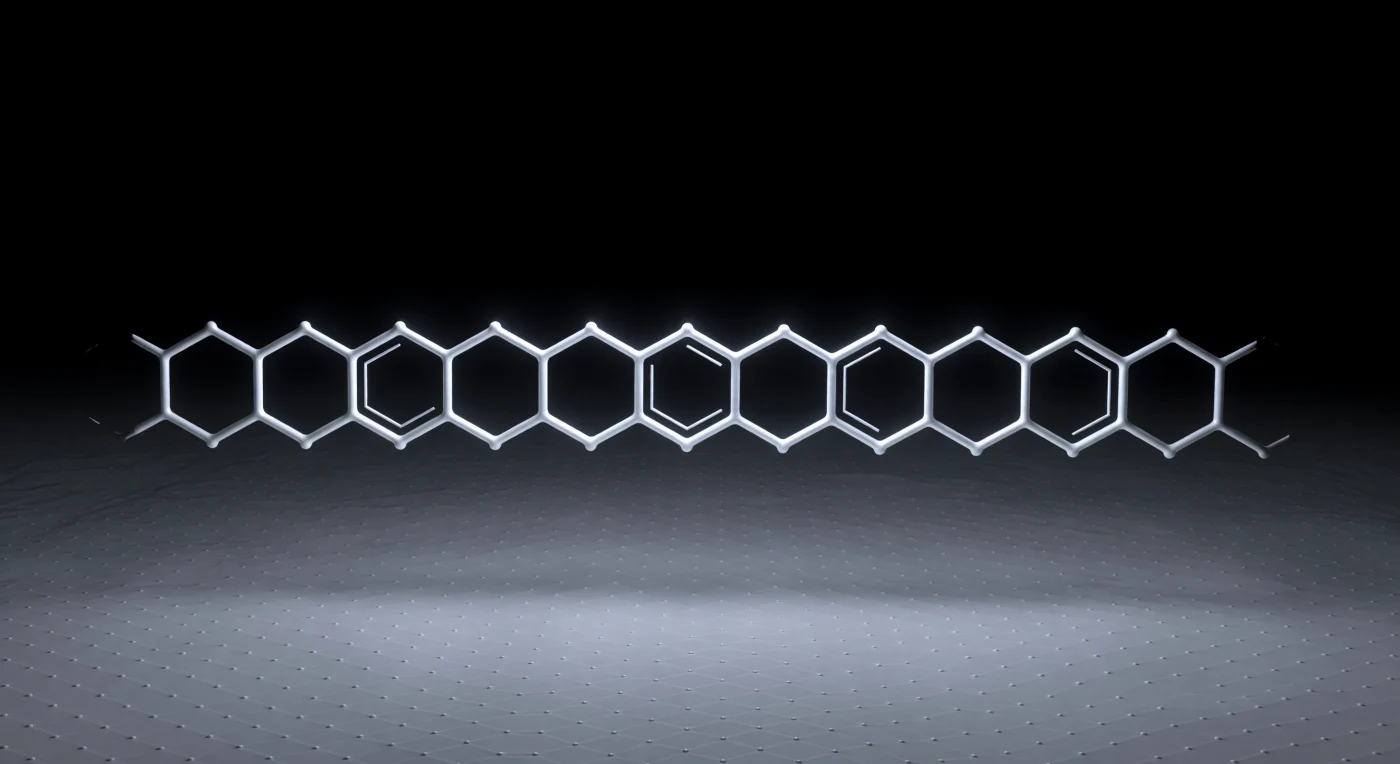 Below you, five hexagonal rings stretch end to end in a luminous, elongated chain — the entire skeleton of a single pentacene molecule rendered as a raised architectural relief of cold white ridges against absolute vacuum black, its carbon-carbon bonds glowing with a brightness that directly encodes the pressure of Pauli repulsion as the CO-functionalized tip of an atomic force microscope passes overhead at a distance of less than a nanometer. The fractionally crisper, more elevated crests mark bonds where double-bond character concentrates additional electron density into sharper ridges, while slightly softer arcs bridge the ring junctions, the whole network reading as a precise quantum-mechanical fingerprint of aromatic delocalization frozen into topographic truth. Around the molecule's perimeter, the hydrogen atoms appear as barely-there ghost arcs, their sparse electron density almost absorbed by the surrounding void, while the silver substrate extends outward as a vast, gently corrugated plain of close-packed atoms — each one a barely perceptible swelling — whose shallow hexagonal relief makes the molecule's sharp bond ridges read as mountain ranges above a quietly undulating lowland. This image, produced by non-contact AFM operating in the frequency-shift regime, achieves sub-ångström lateral resolution by exploiting the same short-range repulsive forces that prevent matter from collapsing into itself, translating the quantum geometry of chemical bonding into a landscape that can be seen.