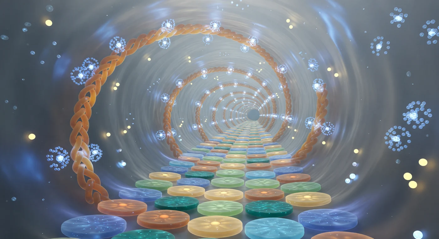 You are hurtling through a corridor so narrow it barely spans twenty atomic diameters, the walls alive with the restless blur of electron density rather than any solid surface — a vertiginous flight down the major groove of B-form DNA, where the 2.2-nanometer-wide channel spirals gently rightward in a clockwise helix, its geometry dictated entirely by the Watson-Crick base-pairing rules that enforce precise geometric complementarity between every amber adenine and sage-green thymine, every deep-teal guanine and sky-blue cytosine stacked 0.34 nanometers apart in aromatic platforms whose overlapping π-electron clouds shimmer with translucent violet-indigo interference. The phosphate-sugar backbone rises on both sides like a braided railing of orange-tan sea glass backlit from within, its negative charges drawing clusters of magnesium cations as hard white-blue sparks ringed by shells of oriented water, and sodium ions as soft gold halos drifting through the Debye screening layer — that milky, electrostatically charged fog where polarized water dipoles ripple in slow aurora-like wavefronts of blue-white light that wash rhythmically through the groove. Thermal bombardment is total and inescapable: 0.28-nanometer water molecules slam the base-pair floor in a continuous low tremor, each collision a flicker of white light instantly swallowed by the aqueous glow, reminding you that at this scale there is no stillness, only the ceaseless molecular violence of room-temperature solvent pressing in from every direction at once.