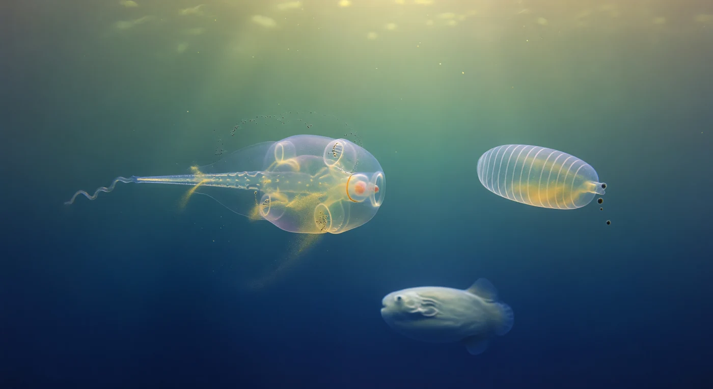 You are suspended at fifty meters in subtropical open ocean, weightless inside a water column that grades from pale jade-green overhead — where invisible picoplankton collectively warm the downwelling light toward something honeyed and sourceless — to an indigo so saturated it becomes its own darkness below. At the center of your visual field, a larvacean house occupies its own private optical universe: not a solid object but a trembling iridescent discontinuity, a soap-film ellipsoid of ellipsoidal chambers and inlet funnels catching oblique light only at its curved surfaces and producing thin interference colors — violet bleeding into gold bleeding into ghost teal — while inside, the animal itself beats its crystalline tail at two or three cycles per second, drawing the golden-green picoplankton shimmer through mucus meshes finer than any manufactured filter, each captured bacterium a link in a trophic chain that has no visible seam. To the right, a solitary salp pulses with slow peristaltic certainty, its eight muscle bands tightening and releasing around a gut glowing amber with captured cells, and at its posterior siphon two dark fecal pellets hang in the instant just after release, already beginning their weeks-long gravitational transit toward the seafloor, carrying fixed carbon downward in a process that moves more organic matter into the deep ocean than any other biological mechanism on Earth. Far below, resolving from the midnight-blue gradient like a silver dining table ascending through fog, the laterally compressed disc of a *Mola mola* rises with its small mouth open toward these translucent intermediaries — the entire alimentary bridge from half-micron cyanobacterium to three-hundred-kilogram fish made architecturally visible only by the ghost-glass bodies hanging between them in the green-gold haze.