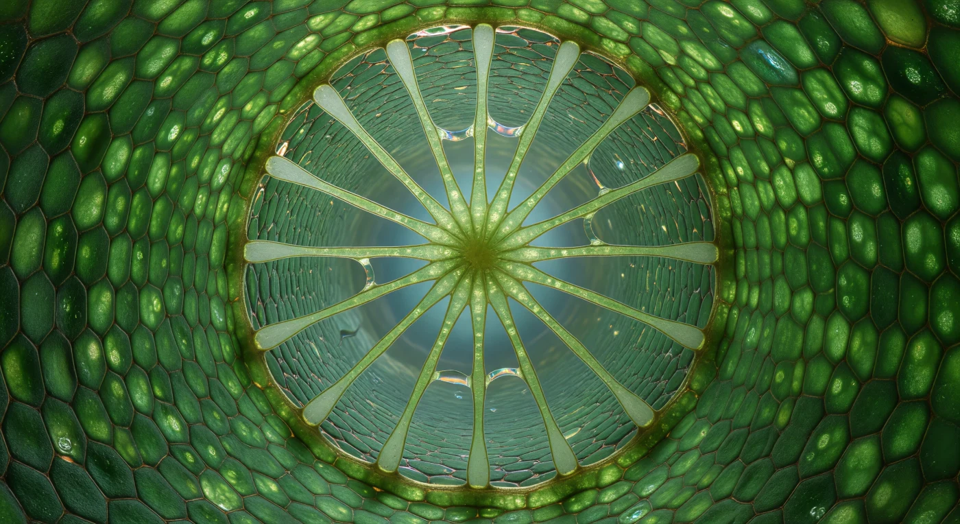 You hover suspended in warm, saturated air at the heart of a vast cylindrical corridor — the aerenchyma canal running the length of a water lily petiole, its curved wall an unbroken mosaic of swollen chlorenchyma cells roughly 200 µm across, each one a chlorophyll-dense chamber whose shared cellulose partitions glow faintly amber at the edges and whose inner faces burn a deep, mottled emerald. Aerenchyma tissue like this is not incidental architecture but an evolutionary solution to aquatic life: these gas-filled lacunae form a continuous internal atmosphere connecting leaf to root, allowing oxygen produced by photosynthesis to diffuse downward through flooded sediment where it would otherwise be unavailable. Spanning the full 800-µm breadth of the canal directly ahead, a diaphragm floats like a lace medallion cast in living glass — a stellate array of arm-shaped cells radiating from a central hub, their tapering tips stopping just short of the wall and of one another, leaving open polygonal gaps large enough to drift through, the whole structure back-lit by diffuse light filtering along the canal so that each arm is rimmed with a golden-green halo and the intervening voids frame receding views of the tunnel beyond. These diaphragms are thought to provide structural reinforcement against the collapse of such large air spaces while preserving gas continuity — a compromise between mechanical integrity and atmospheric openness, solved here with extraordinary cellular economy. Thin iridescent films of water tremble across some of the gaps, casting violet and copper interference colors against the green mosaic walls, and in both directions the canal dissolves into a teal-blue atmospheric haze, the cellular texture fading to unresolvable fineness like city lights seen through fog — an immensity contained entirely within the stem of a single leaf.