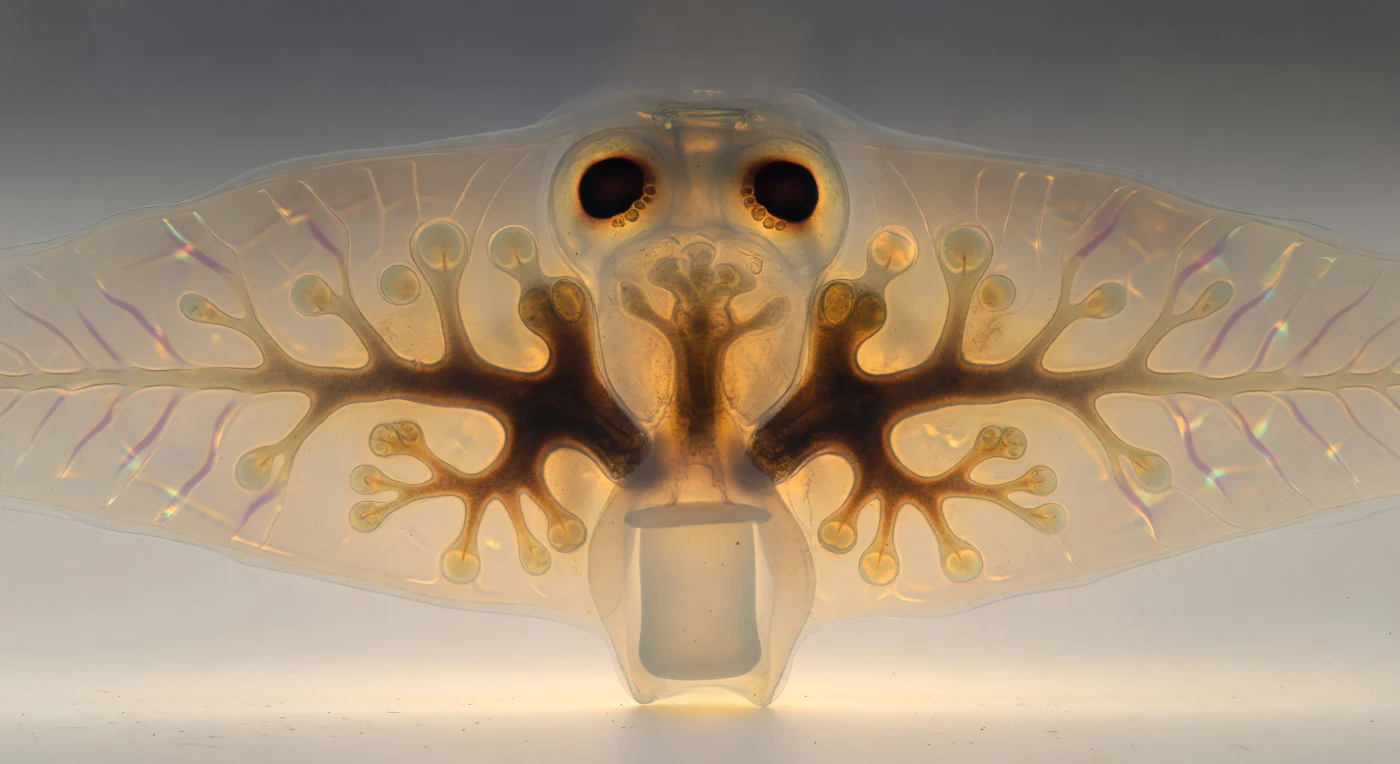 You are suspended just above the belly of a living *Dugesia tigrina*, hovering at the height of a single epidermal cilium, looking upward through the body as warm transmitted light floods the scene from below like sun through medieval glass. The creature stretches to every horizon overhead — a vaulted cathedral of translucent amber tissue, its ventral membrane threaded with diagonal muscle-fiber lattices that scatter the upwelling warmth into a honeyed haze, each cellular junction edged with the faintest ghost of copper-to-aquamarine iridescence where the surrounding glycoprotein mucus bends the light. Rising deep into the interior like the ribbed nave of an ancient basilica, the triclad gut ramifies in three great ochre-brown corridors — one driving straight toward the anterior, two sweeping symmetrically to either side and subdividing into tapering diverticula whose walls, dense with phagocytic cells and partially digested matter, bleed light sideways into the surrounding parenchyma and cast warm annular halos at every branching terminus, the whole structure less a shadow than a luminous drawing pressed into living flesh. Toward the anterior horizon, where the tissue thins to near-total translucency, the two ocelli loom as the scene's most dramatic punctuation — crescent masses of dense, light-absorbing pigment cupped around photoreceptor clusters that flare at their rims into burnt-sienna halos, two dark moons haloed by atmospheric scatter, serving as the animal's sole interface with the directionality of light in a world where vision means nothing more than knowing which way the brightness lies.