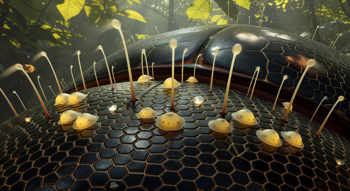 You stand on the geometric perfection of a beetle's hind leg, your feet pressing against hexagonal chitin tiles that stretch toward the animal's thorax like an obsidian city block rising at the horizon, every plate edged in amber ridge-lines and lacquered to a wet sheen. Ahead of you, twelve hypopi — the dispersal stage of a phoretic mite species — cling to the dorsal surface in pale amber clusters, their bodies flattened to near-transparency at the edges, held fast by ventral suckers in a grip so complete they require no muscular effort whatsoever: the hypopus is a physiologically suspended form, its legs folded inward and vestigial, its digestive system shut down, existing purely as a passenger optimized for attachment and endurance through the physics of adhesion rather than the biology of feeding. Around them, the beetle's mechanosensory setae rise like curved lamp-posts, their tips carrying the faintest smear of motion blur that betrays the vibration traveling up through the chitin from each footfall — a tremor you feel through your own feet while the hypopi above it remain absolutely, almost aggressively still. The dappled green-amber light filtering down through decomposing leaf canopy plays across the cuticle in slow-traveling pools of warmth, illuminating the faint ghost of organ masses visible through each mite's semi-translucent body wall — living cargo sealed inside amber resin, riding an unwitting host through a forest understory that, from here, feels as vast and architecturally complex as any human city.