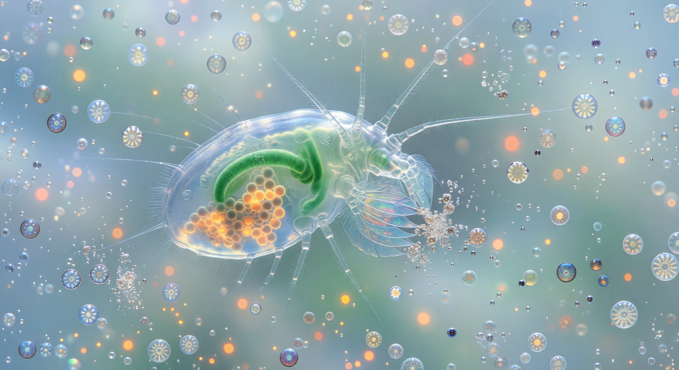 You hover two millimeters from a creature the size of a rice grain that is nonetheless an architectural presence, its chitinous carapace so transparent that jade-green gut contents and dense amber egg clusters burn through three layers of cuticle like lantern glass held to sunlight, every internal organ backlit by the diffuse blue-green luminance filtering down from the ocean surface above. The animal is a *Calanus* copepod, one of the ocean's dominant grazers, and its feathery maxillipeds — appendages arrayed like overlapping fans of blown glass, each seta hair-thin and refractive — tremble at the edge of vision as they intercept individual *Emiliania huxleyi* cells drifting inward along an invisible feeding vortex, the current legible only in the slow orbital rotation of whole coccospheres as they spiral toward the mouth, their interlocked calcite wheel-plates flashing from silver to pale gold depending on the angle of encounter. Where the maxilliped tips make contact, coccoliths detonate into white glitter bursts — each crushed two-to-four-micron calcite disc tumbling and strobing before the current sweeps it aside, releasing dissolved organic carbon that the surrounding bloom water will redistribute through chemical gradients no eye can follow. The water itself is not empty but a luminous turquoise suspension, tens of millions of detached coccoliths per milliliter scattering the available light into a soft glowing fog in every direction, so that distance collapses entirely — three body-lengths back the world dissolves into blue-white haze, intact coccospheres drifting through it like tiny armored planets trailing faint red autofluorescence from their chloroplasts, the whole living medium pressing inward from all sides as the copepod's feeding geometry organizes everything around it into vectors of approach, capture, and glittering calcite destruction.