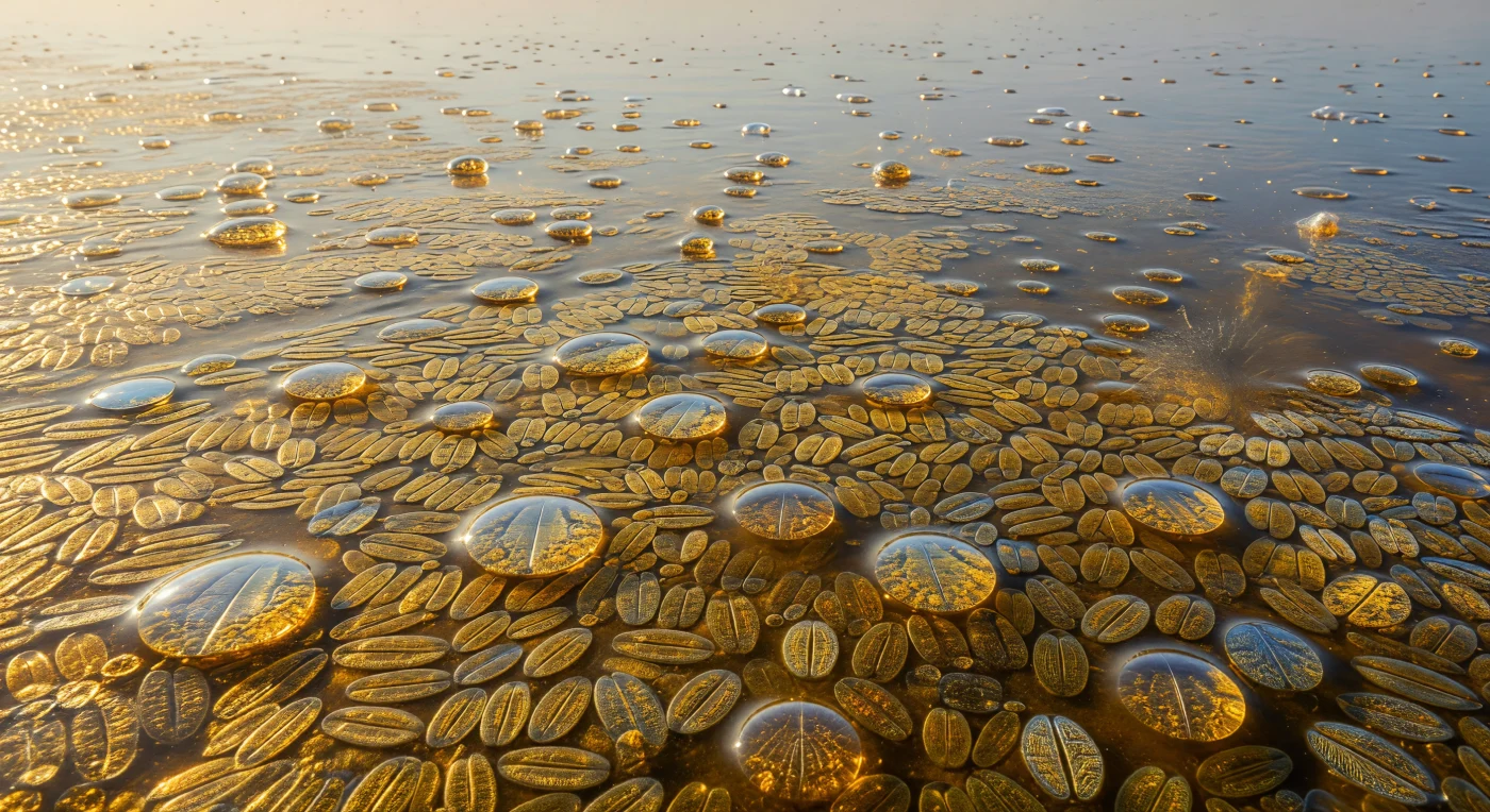 At one centimeter above the surface, the mudflat has ceased to be mud — it is a continuous burnished sheet of living glass, a biofilm of packed pennate diatoms whose silica frustules press flank to flank across every horizon, each cell acting as a sliver of hammered foil that catches the low morning sun at a grazing angle and throws it back as deep amber and bronze, the whole plain rippling in slow tonal waves where populations have migrated upward en masse to thicken into raised ridges of concentrated pigment and silica that glow richer than the surrounding mat. These organisms are photosynthetic single cells encased in two-part shells of amorphous hydrated silica — opal glass sculpted at the nanoscale into striated vaults and hexagonal pore arrays — and their vertical migration through the extracellular polymer matrix they secrete is a coordinated behavioral response to light and tidal exposure, driven by gliding motility along a raphe slit pressed against the substrate, the whole carpet alive with movement too slow to register as motion but constant nonetheless. Closer in, sinuous Gyrosigma cells curve through the transparent EPS gel like polished mahogany canoes leaving faint mucilage contrails, while sand grains rise as boulders tiled with flattened Cocconeis valves whose regularly spaced areolae — near the wavelength of visible light — scatter the sun into faint spectral fans of blue and gold along their edges. Beads of retreating seawater cling between the biofilm ridges, their curved undersides magnifying the golden carpet beneath into warm amber lenses before wind or evaporation takes them, and at the far distance the mat grades from bright gold into deep olivine where a thin draining film still submerges it, the boundary marking the slow recession of the sea from a surface that has been alive and photosynthesizing here, in this same way, for perhaps two hundred million years.
