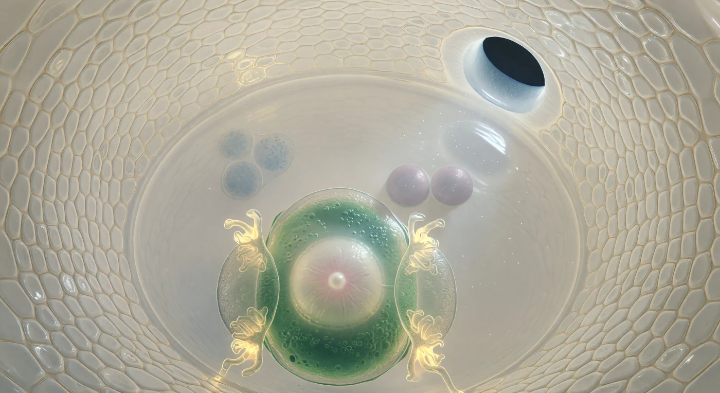 You are suspended within the embryo sac of a flowering plant's ovule, drifting perhaps forty micrometres from the egg cell's pale convex surface — a chamber so optically pure it reads less as a cell than as a room filled with water. The curved integument layers arch around you like the walls of an ivory grotto, their tightly pressed cells seamed with amber, the whole structure suffused with a warm translucency that admits a single soft shaft of light filtering through the micropyle at upper right — a passage barely fifteen micrometres across, the narrowest gateway through which a pollen tube will one day force its way to deliver the male gametes that trigger double fertilization. In the foreground the egg cell bulges close, jade-green and organelle-dense at its periphery, cradling a nucleus like alabaster veined with rose, flanked by the two synergid cells whose filiform wall ingrowths glow amber-gold at their tips — specialized membrane folds whose enormous surface area is thought to facilitate the uptake and guidance of the arriving pollen tube, charged with signaling molecules that the synergids must intercept and relay. Behind the egg, the vast central cell opens into translucent stillness, and near its center two lilac-grey polar nuclei float like paired moons awaiting the second sperm cell that will fuse with them to form the triploid endosperm — the nutritive tissue destined to feed an embryo not yet conceived — while far at the chalazal pole three antipodal cells dissolve into dim granular shadow, their function in most flowering plants still incompletely understood, the furthest reaches of a living architecture poised at the threshold of an entirely new organism.