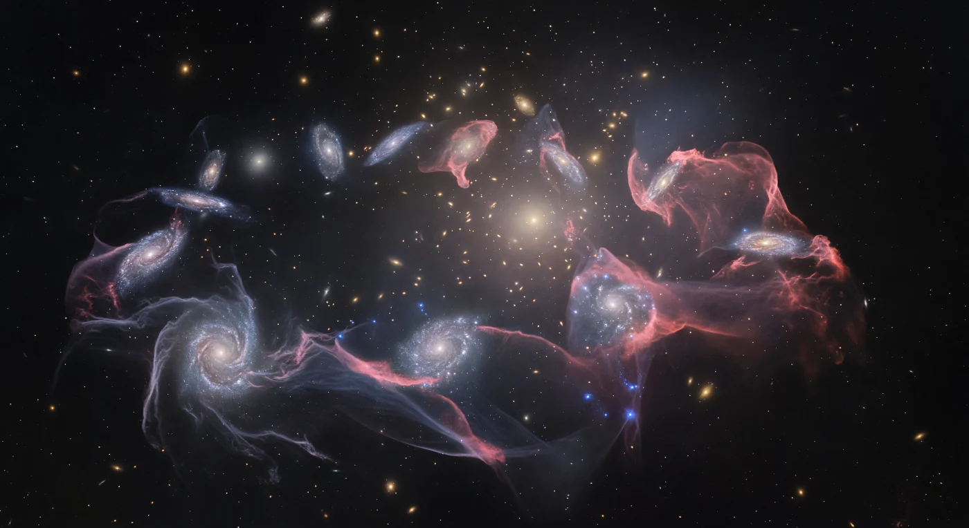 You are suspended in the rarefied outskirts of a massive galaxy cluster, drifting through intergalactic medium so tenuous it is felt only as an asymmetric thermal pressure — the invisible ram-pressure wind radiating outward from the cluster's vast hot corona of X-ray-emitting plasma at tens of millions of degrees. Ahead of you, a loose procession of spiral galaxies descends along the gravitational gradient toward a diffuse golden furnace glow deep in the background — the merged light of thousands of elliptical and lenticular galaxies crowded into the cluster core, their combined luminosity bleeding into a warm amber haze shot through with brighter nuclei. The nearest spirals in the chain trail long, diaphanous tidal streamers of pale blue-white stars and gas, arms unwound into gossamer threads by differential gravity, while the galaxies closest to the core have been transformed into something more violent and more beautiful: their windward faces still show tight blue spiral arms spangled with active star-forming knots, but from their leeward flanks, curtains of ionized hydrogen billow outward in vivid coral-pink and crimson jellyfish tails — Hα-bright filaments hundreds of thousands of light-years long, filigreed at their tips with compact cobalt clumps where ram-pressure compression has triggered new bursts of star formation. This is the observable signature of the intracluster medium stripping disk gas from infalling galaxies, a slow asymmetric violence that redistributes baryons across intergalactic space and quenches star formation on timescales of billions of years, inscribed here in the luminous contrast between hard stellar blue and soft biologic pink dissolving into the ambient dark.