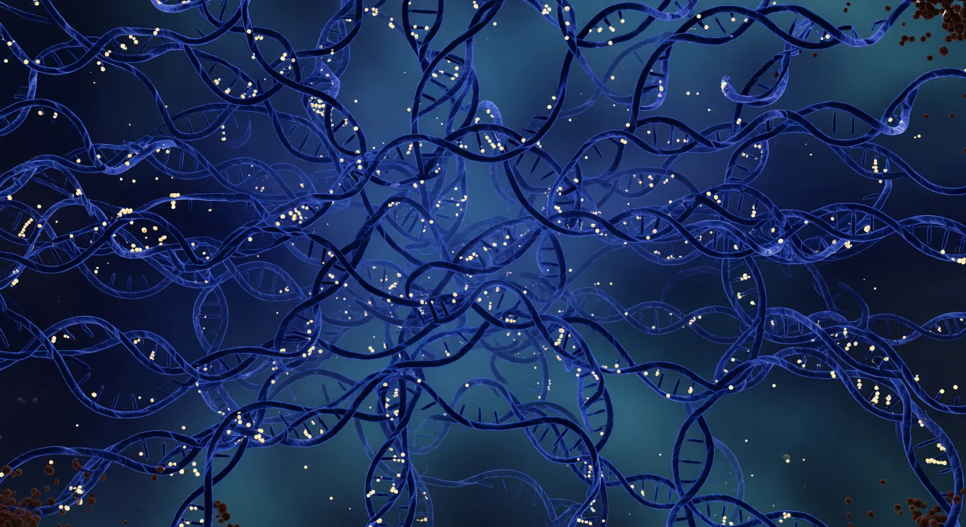 Floating at the geometric center of a living *E. coli* cell, you are engulfed by a fractal storm of plectonemically supercoiled DNA that loops and re-loops in every direction, filling the entire visual sphere with dense navy-blue braided ropes no wider than a few nanometers yet collectively occupying a compressed cubic micron of space — the bacterium's nucleoid, holding roughly 4.6 million base pairs of chromosome folded into a volume smaller than the wavelength of visible light. The fibers radiate a sourceless cobalt luminance outward, bathing the environment in cold indigo gradients that deepen toward violet in the most entangled depths, while warm yellow-white beads of nucleoid-associated proteins — HU and Fis — clasp every sharp plectonemic bend, kinking the DNA into organized pleats and returning the blue glow as amber-gold constellations distributed through the cloud like embedded stars in nebular gas. The intervening medium is no empty solvent but a crowded, gel-like cytoplasm at roughly 300 mg/mL protein concentration, where molecular crowding and Brownian forces utterly replace gravity as the dominant physics, and the aquamarine haze between adjacent supercoil loops — separated by mere tens of nanometers — carries the refractive quality of smoky glass. Only at the nucleoid's outermost margin, where the DNA thins and cytoplasm reasserts itself near the inner membrane, do the dark cinder-brown spheres of ribosomes appear, soft and slightly out of focus, hovering in the transitional zone between organized genetic architecture and the wider cellular machinery beyond.