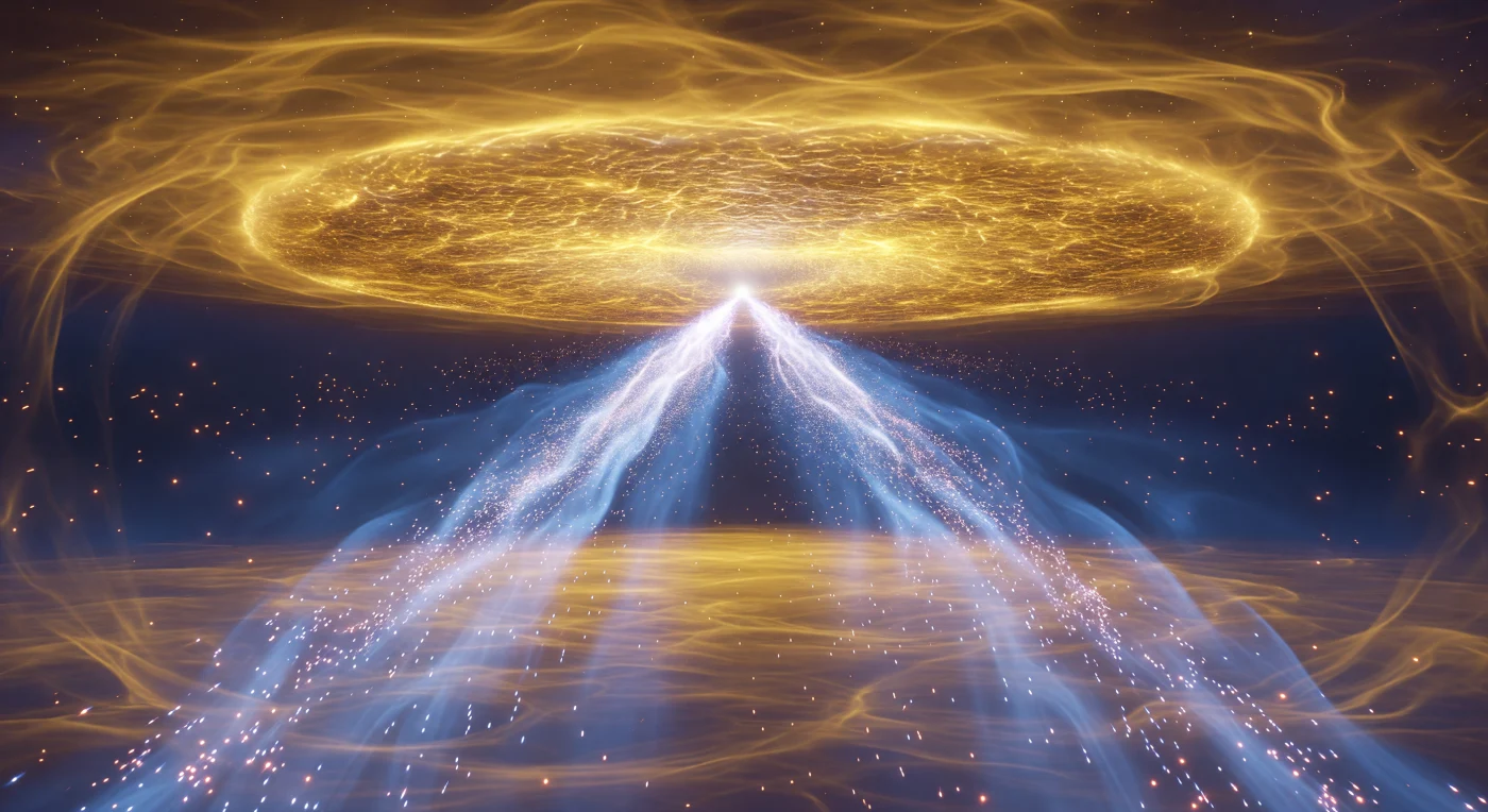 You are swept inside a proton compressed into a luminous amber-gold disc, where the “air” is really a dense churn of quark and gluon fields threading through the QCD vacuum. Ahead, another proton slams in as a flattened wall of blazing field energy, and their contact detonates into a white-hot point that briefly overwhelms everything around it. From that flash, twin blue-white jets spear outward in opposite directions, each a narrowing storm of fragmenting partons that hadronize into countless tiny sparks while softer red-orange debris fans away. The surrounding vacuum, momentarily ionized by the collision, glows with a cold blue haze before sinking back into darkness, leaving only the sense of immense energy compressed into an almost unimaginably tiny world.