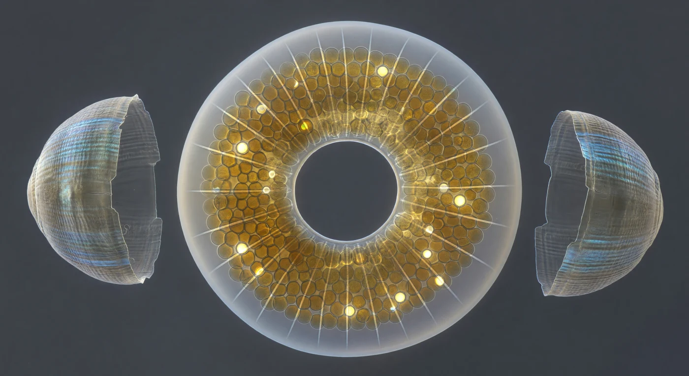 You are suspended just beyond the wreckage of two spent lives — the paired frustules of *Fragilariopsis* drift to either side like shed armor, their striated silica walls