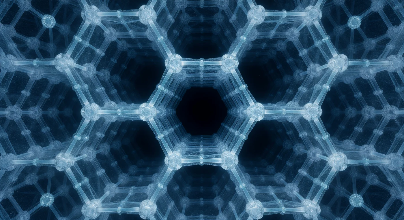 Looking straight down the crystallographic c-axis, the viewer is drawn into an infinite honeycomb cathedral of pale turquoise and deep blue-black, where each water molecule sits anchored at its lattice point like a frosted lantern, connected to four nearest neighbors by gently luminous hydrogen bonds spanning just 2.76 Å in perfect tetrahedral geometry. The commanding feature of this world is the series of hexagonal voids punched clean through the lattice at regular intervals — not empty in any casual sense, but structural absences born of tetrahedral bonding geometry that refuses to close-pack, and it is precisely these channels that give ice its anomalously low density compared to liquid water. At each bond, a subtle double shadow betrays proton disorder: the hydrogen is not fixed but statistically displaced toward one oxygen or the other, the probabilistic blur that Linus Pauling recognized in 1935 as an intrinsic residual entropy frozen into the crystal. The lattice-light seems to originate from within the structure itself — cold, sourceless, blueish-white at the nearest molecular nodes and deepening to saturated teal-indigo as crystallographic depth accumulates — while a faint softness at every molecular contour speaks to the thermal vibrations still alive at −10°C, causing the most distant visible layers to dissolve into a luminous, quietly trembling haze.