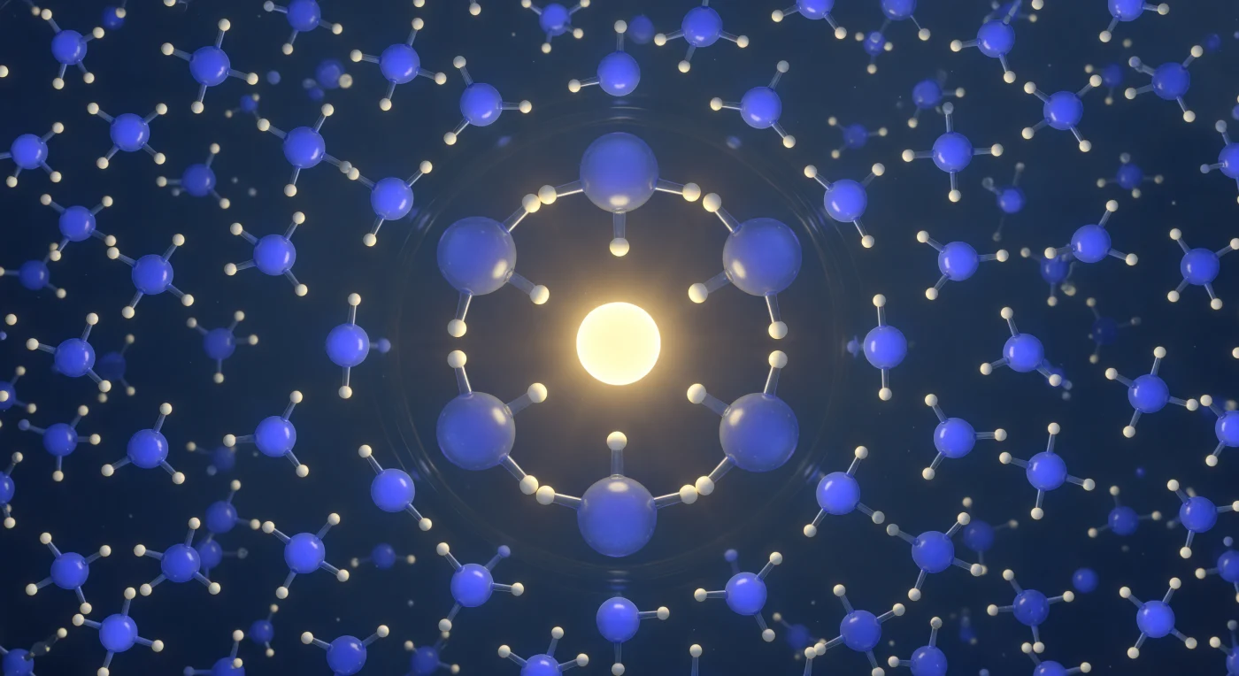 You are hovering at a distance smaller than a single nanometer from a sodium cation, close enough that the ion's electrostatic field is the dominant force shaping everything around you — no gravity, no wind, only the relentless pressure of concentrated positive charge radiating outward and bending the surrounding water into rigid, symmetrical submission. Six water molecules lock into an octahedral cage precisely 2.36 ångströms from the ion's nucleus, their electronegative oxygen faces wrenched inward by the Na⁺ field, their dipoles so strongly aligned that the hydrogen-bond order here is measurably higher than in bulk water — a genuine phase-like transition imposed by a single charged particle. Beyond this inner sanctum, a softer second shell of twelve to eighteen water molecules partially yields to the same ordering influence at roughly 4.5 ångströms, their alignment already fraying at the edges where thermal energy — on the order of kT, some 25 meV at room temperature — begins to compete with electrostatic coherence. Past 7 ångströms, the bulk hydrogen-bond network resumes its chaotic, picosecond-timescale restructuring, each molecule breaking and reforming bonds with its neighbors in a dense, restless churn that carries no memory of the ion's authority — a reminder that at this scale, order is always local, always borrowed, and always temporary.