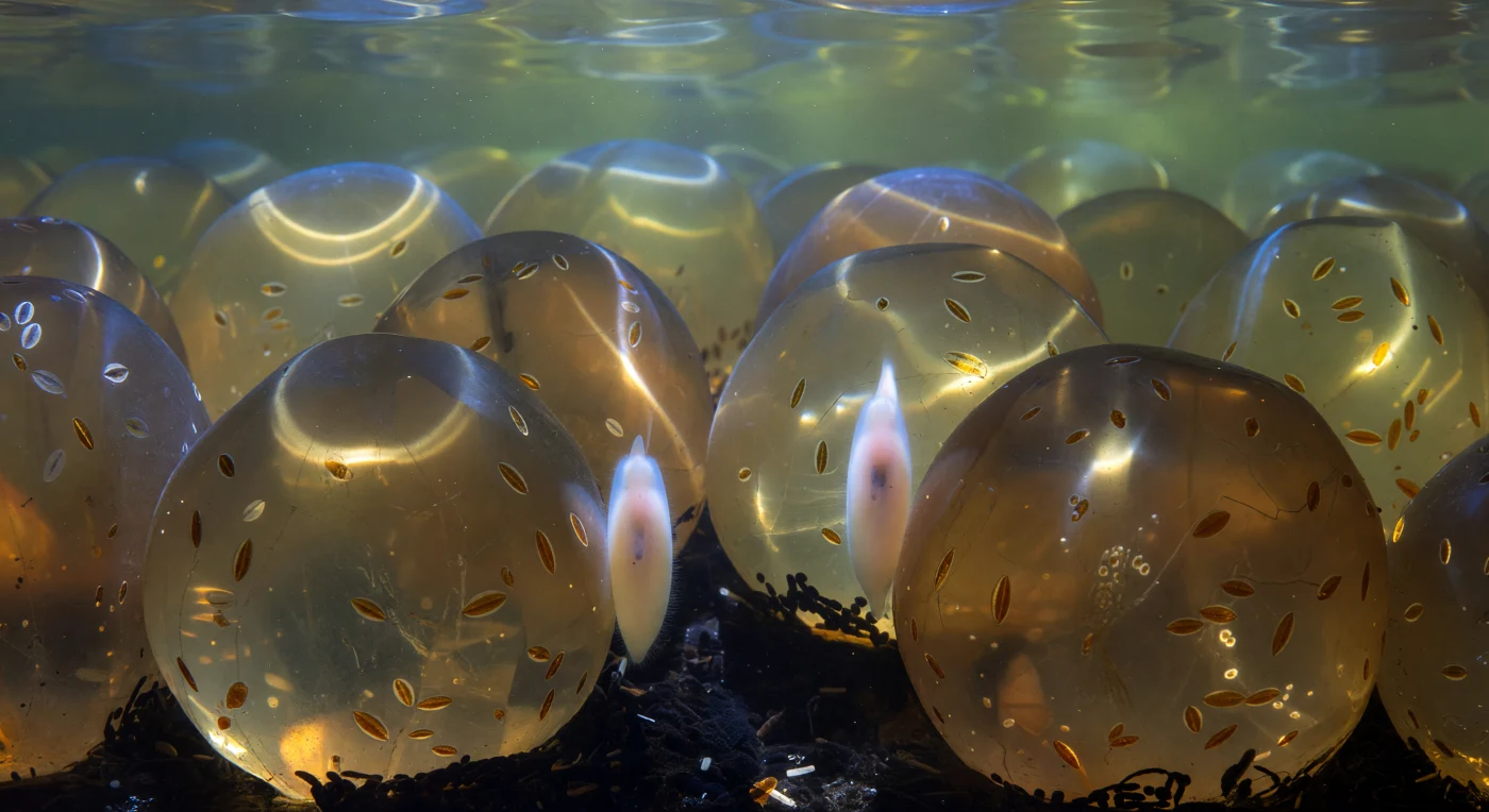 Between the grains, the world is immense. Quartz spheres rear up on every side as amber and glass boulders, their curved surfaces acting as natural lenses that project wavering aureoles of caustic light into the water-filled corridors between them — a shifting lantern-show of refracted brightness rippling with the micro-turbulence of the overlying water column. Through this luminous labyrinth thread two acoel turbellarians, their torpedo-shaped bodies nearly colorless, backlit by grain-lens light so that interior parenchyma and gut contents glow faintly through translucent body walls like candle flames encased in living tissue. Golden-brown pennate diatoms lie lacquered against the grain surfaces in warm amber highlights, while deeper in the passages, where diffuse greenish-blue light from the shallow coastal water above fails to penetrate, a matte biofilm fills the lowest crevices in abyssal darkness — the geological negative of every glowing grain surface above it. These animals navigate by cilia and chemical gradient, exquisitely at home in a world that reads, at their scale, as both cathedral and continent.