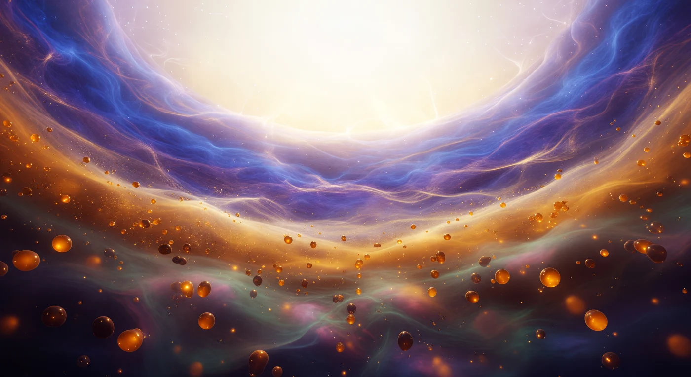 You stand at the inner surface of a boundary that should not exist — the curved, self-luminous threshold where a quark-gluon plasma, hotter than any state the present universe sustains, surrenders its formlessness and condenses into the first coherent nucleons and pions ever to exist. The plasma interior blazes overhead in white-gold obliteration, cooling through electric violet across distances measured in fractions of a femtometer, a temperature gradient so steep it encompasses the entire history of matter's emergence within a spatial span smaller than a single proton diameter. At the curved amber shell of the hadronization boundary, nascent nucleons crystallize out of the luminous heat-haze with an almost botanical patience — asymmetric, still trembling with thermal memory, their lit faces glowing caramelized orange where the plasma blazes against them and fading into near-shadow on their cooler sides. Between them, the inter-nucleon medium is never truly void: the QCD vacuum seethes with a faint iridescent condensate of virtual quark-antiquark pairs and gluon fields, a structured jade-and-rose mist that pulses at a grain scale finer than the nucleons themselves, a visible reminder that at this depth of reality, empty space carries negative energy density and the distinction between matter and vacuum is a question of temperature alone. This is the most extreme phase transition the universe performs — not a freezing but a becoming, formlessness learning, in the span of yoctoseconds, to have mass.