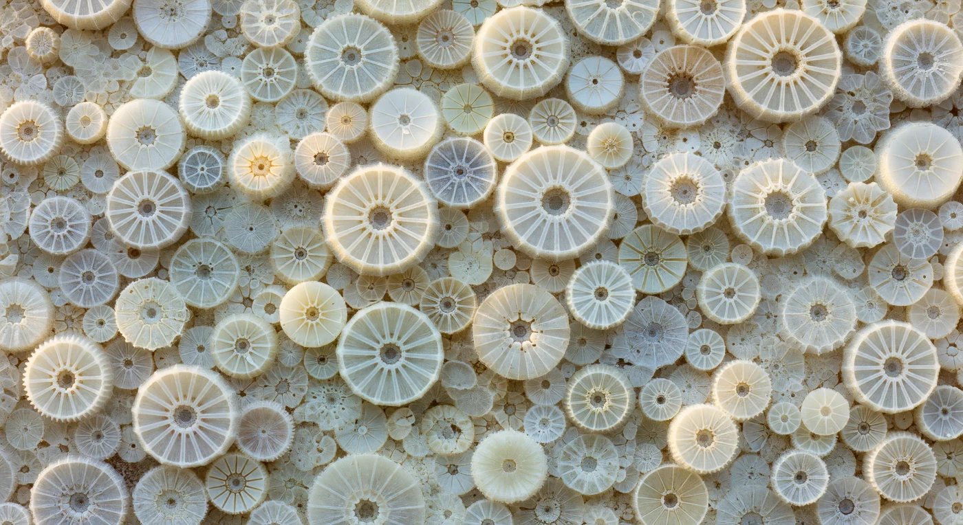 You are suspended within a compressed continent of the dead, surrounded in every direction by interlocking calcite wheels — the skeletal remains of coccolithophores that once photosynthesized in sunlit surface waters tens of millions of years above you in time. Each disc measures just a few microns across, yet its geometry is obsessively precise: radial crystal spokes fused into a raised rim, the trigonal calcite units still interlocked with structural integrity despite the crushing weight of millennia of overburden, their surfaces catching a raking amber sidelight that throws micro-shadows across every raised edge and transforms the dense matrix into a landscape of miniature craters and pale archways. This is coccolith ooze — the foundational material of chalk — where species of *Emiliania*, *Gephyrocapsa*, and *Calcidiscus* are identifiable by their spoke count and rim architecture alone, their biological identity reduced entirely to crystal symmetry. Looking along the laminar horizon, alternating bands of tightly-packed assemblages and clay-intruded glacial intervals curve across the field of view like compressed geological strata, each lamina only tens of microns thick yet representing centuries of slow carbonate rain from the photic zone above, the biological pump made lithological. There is no motion here, no chemical gradient, no Brownian jostling — only the afterlife of an ancient bloom, its geometry persisting long after every lipid, chloroplast, and membrane has dissolved into pore fluid, held in sharp relief by a sidelight that refuses to soften.