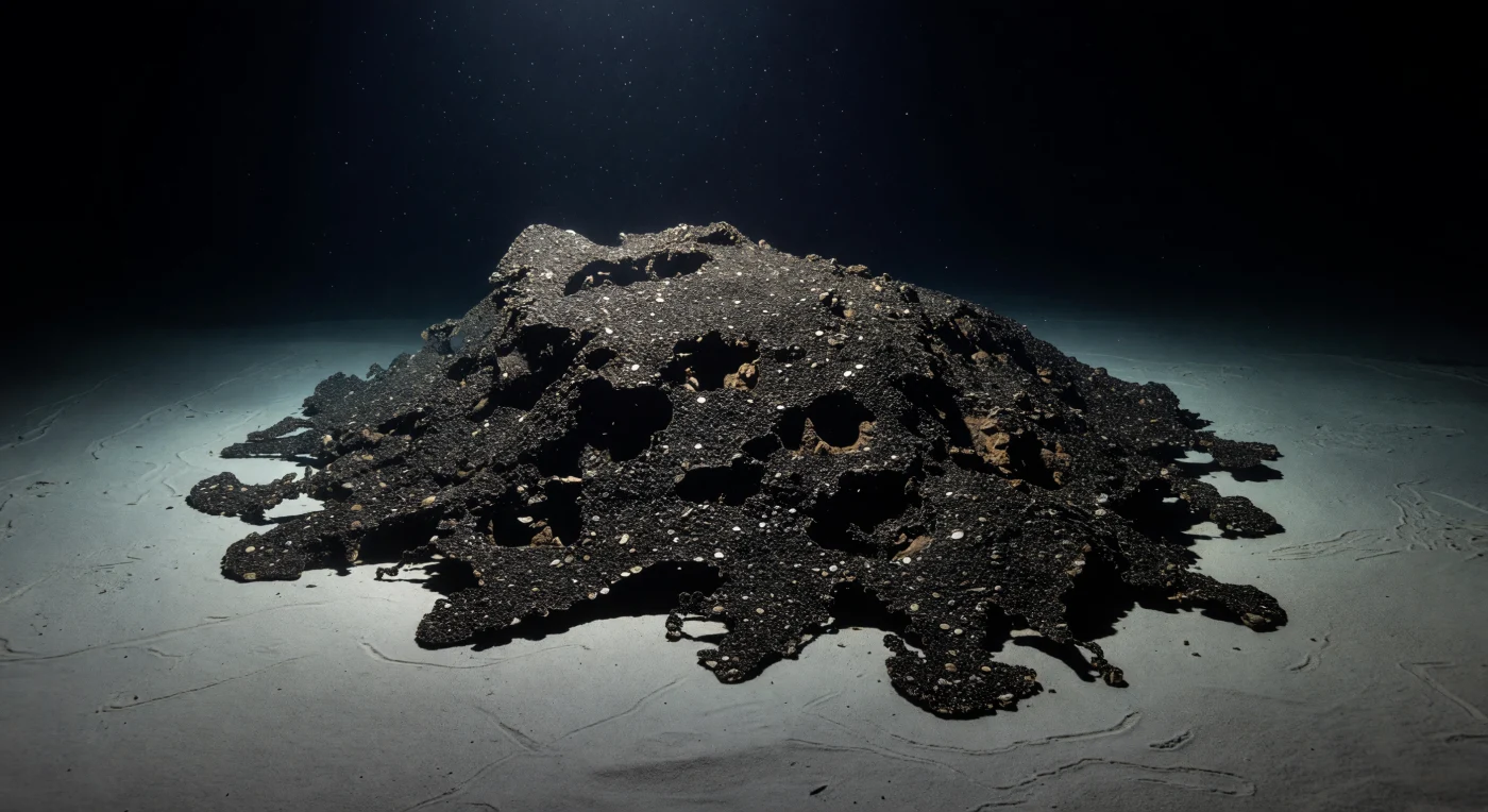 You are hovering centimeters above the floor of the world, weightless in water cold enough and pressurized enough to feel solid, while directly ahead the organism fills your lower field of vision entirely — a hunched, charcoal-black mound of extraordinary textural complexity, its surface assembled grain by grain and shell by shell into something that reads less as biology than as geology, a miniature karst landscape of pits and ridges where the ROV's harsh blue-white LED cone carves razor-edged shadows into every crevice. This is *Syringammina fragilissima*, a xenophyophore and one of the largest single cells on Earth, a solitary foraminifer that has spent years or decades extending cytoplasmic tubes outward through abyssal sediment, agglutinating mineral grains and the calcareous shells of smaller foraminifera into a rigid protective test now fifteen centimeters across — an architectural feat accomplished without a single internal cell wall, all of it one continuous cytoplasm housing millions of nuclei in a branching tube network beneath that dark mineral crust. Individual shell fragments catch the LED wash as specular highlights bright as broken porcelain against the surrounding matte matrix, while the mound's boundary dissolves into the pale ashen sediment in lobes and peninsulas where the organism continues its lateral expansion, colonizing new substrate with the patience of stone. Three body-lengths away the light fails absolutely — not ordinary darkness but the physical blackness of five kilometers of ocean pressing down from above — and through the lit water column above the mound, marine snow particles drift in near-perfect stillness, witnesses to a moment of borrowed illumination in a place that has otherwise known only dark for geological time.