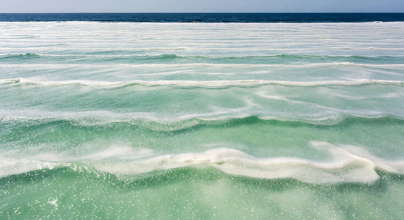 You stand chest-deep in water that is no longer quite water: the North Atlantic at the height of an *Emiliania huxleyi* bloom has become a living mineral suspension, opaque as diluted chalk, its jade-white and turquoise-cream surface stretching to the horizon in every direction under a noon sun that seems to burn upward from below as much as down from above. At ten million calcite-plated cells per milliliter, each microscopic organism armored in interlocking geometric wheels of crystalline calcite, light cannot penetrate more than a hand's depth before being scattered back skyward, transforming the entire sea surface into a diffuse, self-luminous mirror that reflects over forty percent of incoming solar radiation. Langmuir windrows rake the surface in long parallel ribbons of condensed-milk cream, each streak the visible fingerprint of paired counter-rotating vortices a few meters deep, concentrating buoyant coccoliths into lines spaced like crop rows across an impossible field. At the horizon, the bloom boundary draws an almost surgical line between chalk-white opacity and the sudden extraordinary darkness of open cobalt ocean, a boundary that from orbit would appear as a distinct edge across hundreds of kilometers of North Atlantic surface, marking the outer frontier of what is effectively a biogenic mineral weather system lying flat on the sea. Glancing down through the luminous white-green curtain swallowing your own submerged torso, you register the faint sulfurous sweetness of dimethyl sulfide rising where senescent cells lyse at the bloom's edge — a chemical signal detectable by seabirds from kilometers away, a smell that means life, and death, and the slow transfer of carbon downward into the deep.