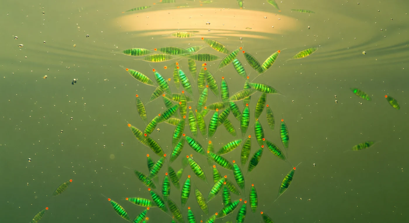 Looking up from your position in the depths, you are suspended in what feels like a still, faintly viscous olive broth, staring into a living chimney of *Euglena viridis* cells ascending in loose spiral formation toward the warmly glowing water surface far above — each 60-µm spindle body packed with coiling chloroplast ribbons that absorb the downwelling light and re-emit it as a saturated electric emerald, the collective effect transforming the entire water column into a slow-rotating pillar of green fire. Near the anterior tip of every ascending cell, a pinpoint stigma eyespot — a terracotta-orange fleck of carotenoid pigment shielding a photoreceptive swelling at the base of the flagellum — acts as a directional light sensor, steering each organism upward through positive phototaxis as it drives itself with an undulating anterior flagellum through a medium where inertia is negligible and viscous drag governs every motion. The pellicle, a corset of interlocking proteinaceous strips spiraling beneath the cell membrane, holds each body in its characteristic tapered shape while allowing the subtle euglenoid wriggling — metaboly — that ripples through stationary cells as a slow muscular contraction, the surface catching ambient light as faint iridescent sheen. The lime haze suffusing the water is not an artifact but a consequence: chlorophyll molecules fluorescing weakly under filtered daylight, the collective biochemical exhaust of thousands of simultaneous photosynthetic reactions occurring within cells close enough to touch, their interior lamellae quietly splitting water and fixing carbon in the warm light your upward gaze cannot quite reach.