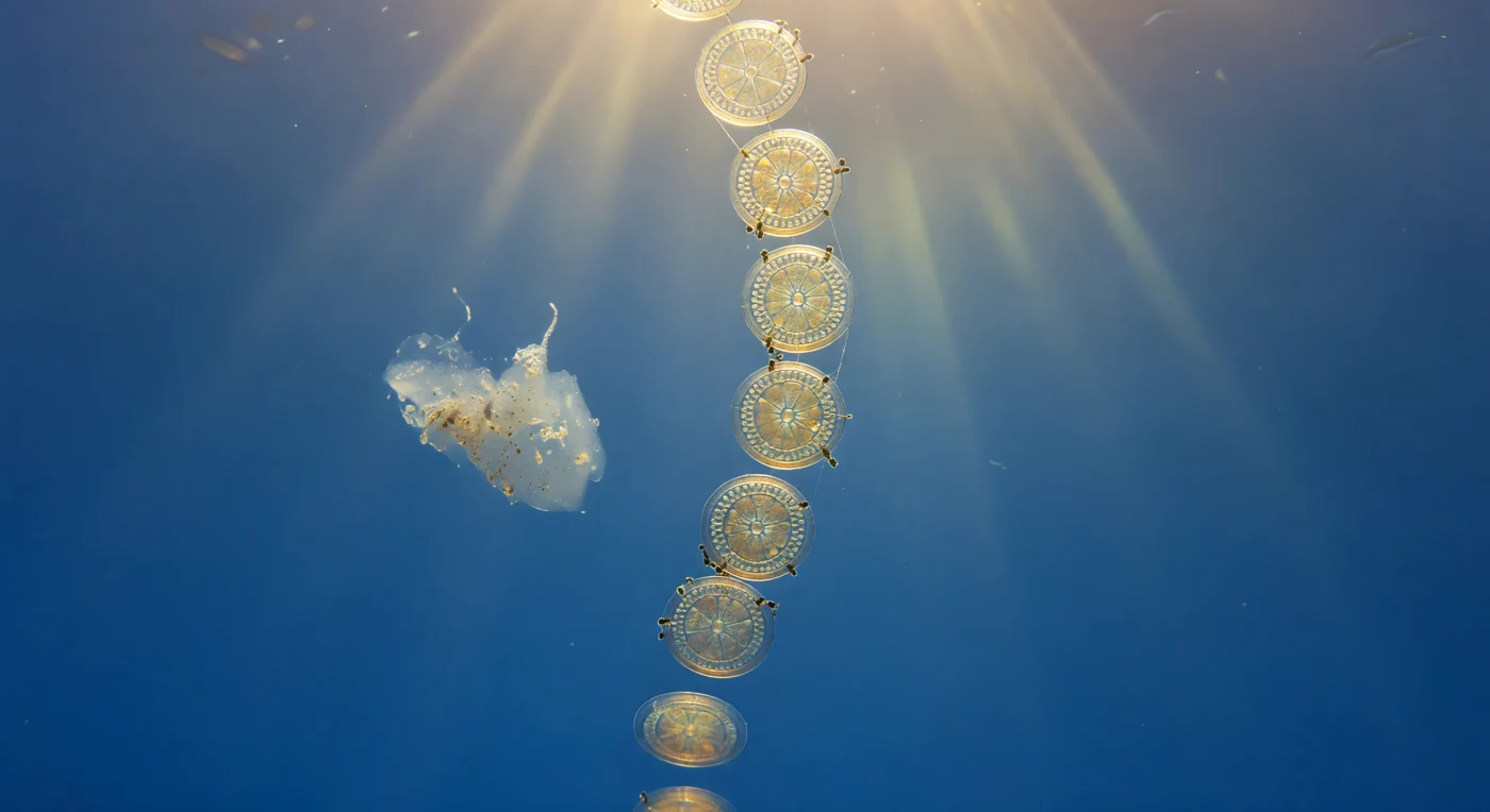 You float at eye level with a single descending column of *Thalassiosira weissflogii* cells, each disc roughly a hundred microns across — vast circular platforms of translucent biogenic silica suspended in saturated cobalt water, their valve faces turned toward you like rose windows in an underwater cathedral, the radial geometry of hexagonal areolae refracting downwelling sunlight into soft iridescent golds and greens that shift with the slightest change in angle. Between every adjacent cell, a single chitin fibril — extruded through specialized fultoportulae and under genuine molecular tension — runs the length of the chain, invisible except where an oblique shaft of light ignites it as a silver filament, the whole structure curling with a slow helical bias so that the thread pulses in and out of visibility as the colony rotates in the current. Through the translucent silica of each valve you can trace the warm ochre lobes of the chloroplasts arranged in a sunburst around the cell interior, lipid droplets catching light like beads suspended in amber resin, while bacteria cling to the outer silica surfaces as dark specks no larger than grains of soot — exploiting the organic coatings and exudates that leak through the pore network into the surrounding ocean. Below the last visible disc the chain dissolves into blue volumetric haze, and a loose aggregate of marine snow — mucilage, broken frustule fragments, and detritus — drifts past to the left, backlit so its gauzy edges glow, a reminder that everything shed or excreted by these cells feeds the ocean's slow downward flux of carbon.