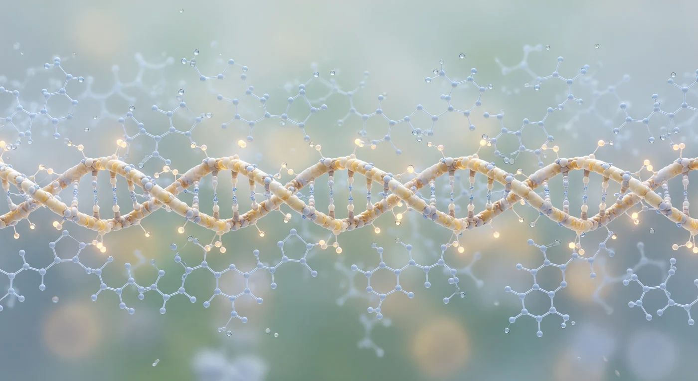 You float three nanometers from a structure that fills your entire field of view from edge to edge — a triple-stranded polypeptide cable barely 1.5 nanometers wide, its three chains wound in a slow right-handed superhelix of warm ivory, pale gold, and sun-bleached tan, each strand inseparable from the others yet distinct, braided with the patience of rope twisted over geological time. At every third residue along each chain, the rigid pyrrolidine rings of proline residues jut like pale grey knuckles into the helical grooves, their flat cyclic geometry a structural necessity: collagen cannot tolerate bulkier side chains at these positions, and it is precisely this enforced rigidity that gives the triple helix its remarkable tensile strength — capable of withstanding loads that would rupture most synthetic polymers of comparable cross-section. Amber hydroxyproline hydroxyl groups project outward at irregular intervals, each one cradling a single water molecule in a hydrogen bond, and together these contacts nucleate a ghostly first hydration shell of pale crystalline blue that encases the entire cable in near-perfect tetrahedral order at 2.8-ångström spacing, a frozen breath of solvent locked by dipole geometry against the charged backbone. Ahead of you the cable recedes for what feels like an infinite corridor — hundreds of nanometers dissolving into luminous aquamarine molecular fog, the collective electron haze of ten thousand water molecules per cubic nanometer scattering thermal radiation into directionless cool light — the full length of a single tropocollagen molecule extending toward an horizon you cannot reach.