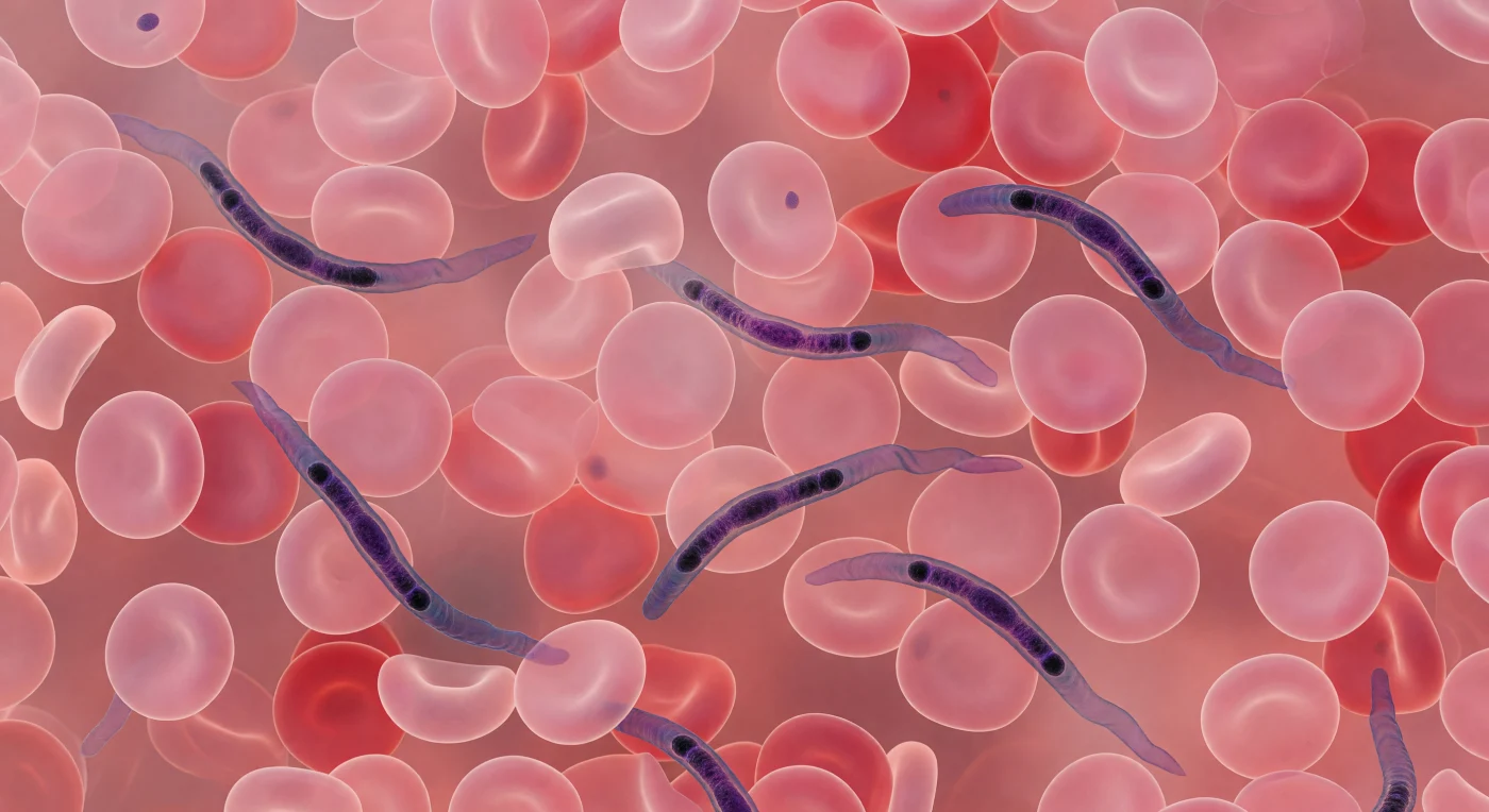 The view is an overwhelming immersion inside living tissue — in every direction, soft rose-pink biconcave discs press close, their thinned centers transmitting amber light as faint aureoles, their thickened carmine rims overlapping until the visual field dissolves into a blush fog of stacked geometry with no horizon and no escape. Between these densely crowded erythrocytes, each approximately seven micrometres across, Trypanosoma brucei navigate the narrow interstices like sinuous calligraphy — elongated blue-violet bodies fifteen to thirty micrometres long, their undulating flagellar membranes propagating slow silk-ribbon waves that represent the parasite's primary means of locomotion through a fluid medium governed entirely by viscous drag rather than inertia. Giemsa staining saturates the scene with its characteristic palette, concentrating in the dense chromatin of the nucleus and the compact kinetoplast — that extraordinary mitochondrial DNA mass unique to kinetoplastid protists, sitting near the posterior end of each parasite body like a dark seed, its position marking the base of the flagellum and anchoring the entire motility apparatus. These organisms are not incidental passengers but active architects of pathology: Trypanosoma brucei crosses the blood-brain barrier to cause African sleeping sickness, and the undulating movement visible here is the same swimming behavior that allows the parasite to evade host immune surveillance while traveling through exactly this claustrophobic corridor of red cells and plasma.