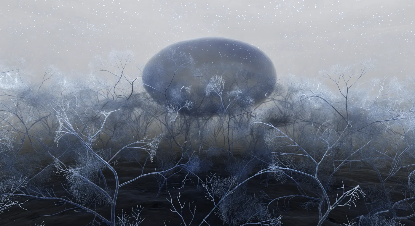 You are suspended in the pale silver immensity of blood plasma, drifting toward an endothelial wall whose true surface remains almost entirely hidden — buried beneath the glycocalyx, a dense, cathedral-like forest of proteoglycan and glycoprotein chains standing half a micron to two microns tall, their heparan sulfate strands arcing and forking like winter birch branches rendered in cold blue-silver under the diffuse glow of ruthenium-red false color. This living coat is no passive barrier: negatively charged sulfate and carboxyl groups embedded along every filament generate steep electrostatic gradients that regulate which molecules may pass, trap signaling proteins, and mechanically buffer the shear forces of flowing blood, while bound water sheathes each strand in a hydration layer that gives the whole structure its viscoelastic, fog-made-solid quality. Your own shadow — the broad biconcave dome of the approaching red blood cell — sweeps across the canopy below you, turning ice-blue filaments to indigo and near-black at the center of the eclipse while the illuminated margins continue to glow with that precise cold aqueous light, depth accumulating as strand density thickens from sparse at the canopy top to an effectively impenetrable lacework just above the charcoal membrane. The glycocalyx is not merely a structural feature but the cell's sensory interface with the circulatory world: it transmits fluid shear stress to the endothelial cytoskeleton, modulates vascular permeability, and mediates leukocyte rolling — and as contact becomes inevitable, its outermost filaments are already beginning to deform around your leading edge, the forest yielding with a slowness that makes the scale of what you are entering impossible to doubt.