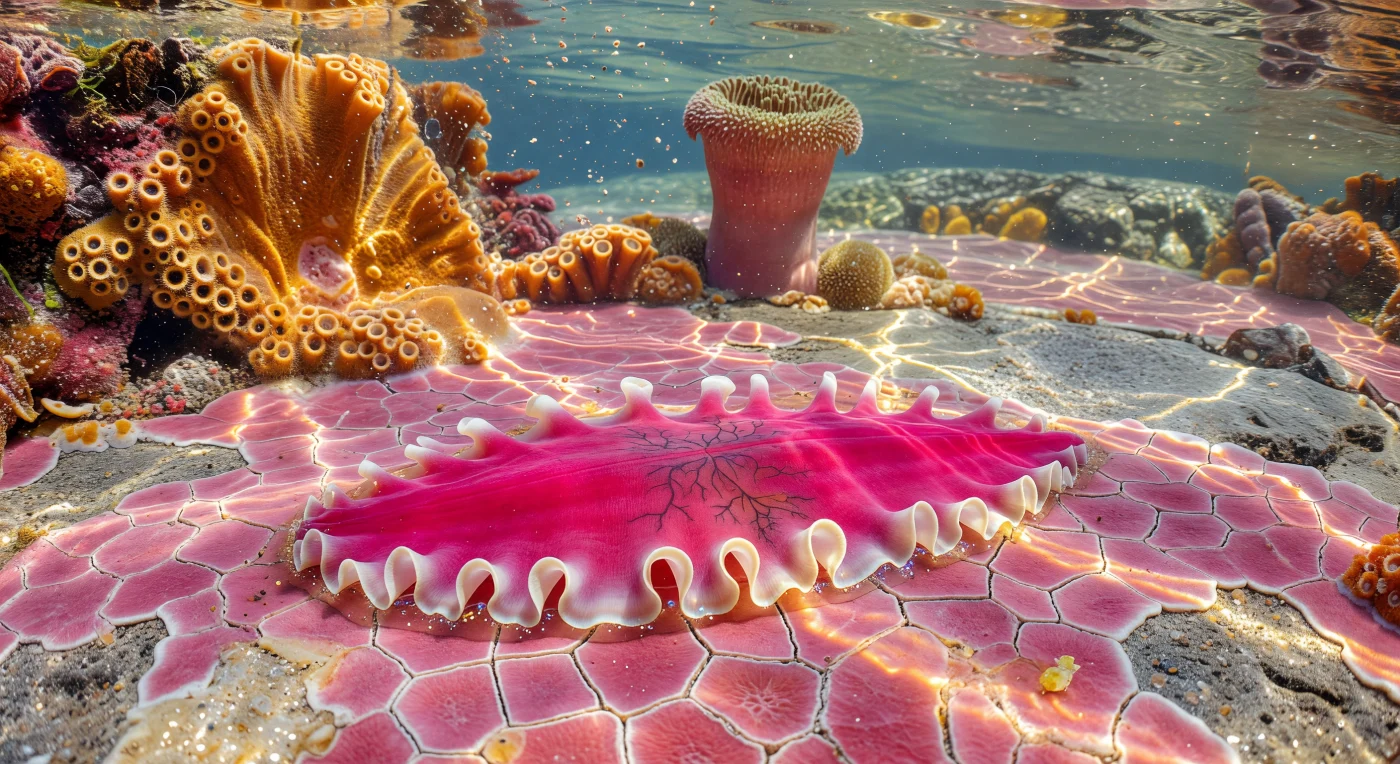 The viewer floats just above a calcium carbonate plateau of encrusting coralline algae, its surface cracked into polygonal cells of deep magenta and salmon pink that stretch in every direction like a vast mineral cityscape — and dominating this rocky terrain, the Pseudobiceros flatworm spreads itself like a luminous flag, its dorsal surface saturated electric fuchsia-violet shot through with the branching shadow-map of its gut diverticula showing faintly beneath translucent skin. This animal is among the most elaborate of the free-living polyclad turbellarians, an acoelomate whose dorsoventrally compressed body reaches near-transparency at its ruffled lateral margins, the white-cream frills thrown into perpetual complex folds by shallow surge — a consequence of tissue so thin and pliable that water movement alone sculpts it into standing waves of wet silk. The pool water above, only six centimeters deep in reality, reads here as an entire sky of liquid glass, its air-water interface refracting Pacific midday sun into caustic nets of hammered gold that slide continuously across the pink crust, veining every surface in shifting rivers of amber light and deep shadow. The mucus film secreted along the flatworm's ventral contact zone catches these same caustics as a mirror-bright meniscus, marking the animal's passage across living stone with a glittering molecular trail — the physical record of cilia-driven locomotion across a landscape that, at this scale, has the full presence and complexity of a continent.