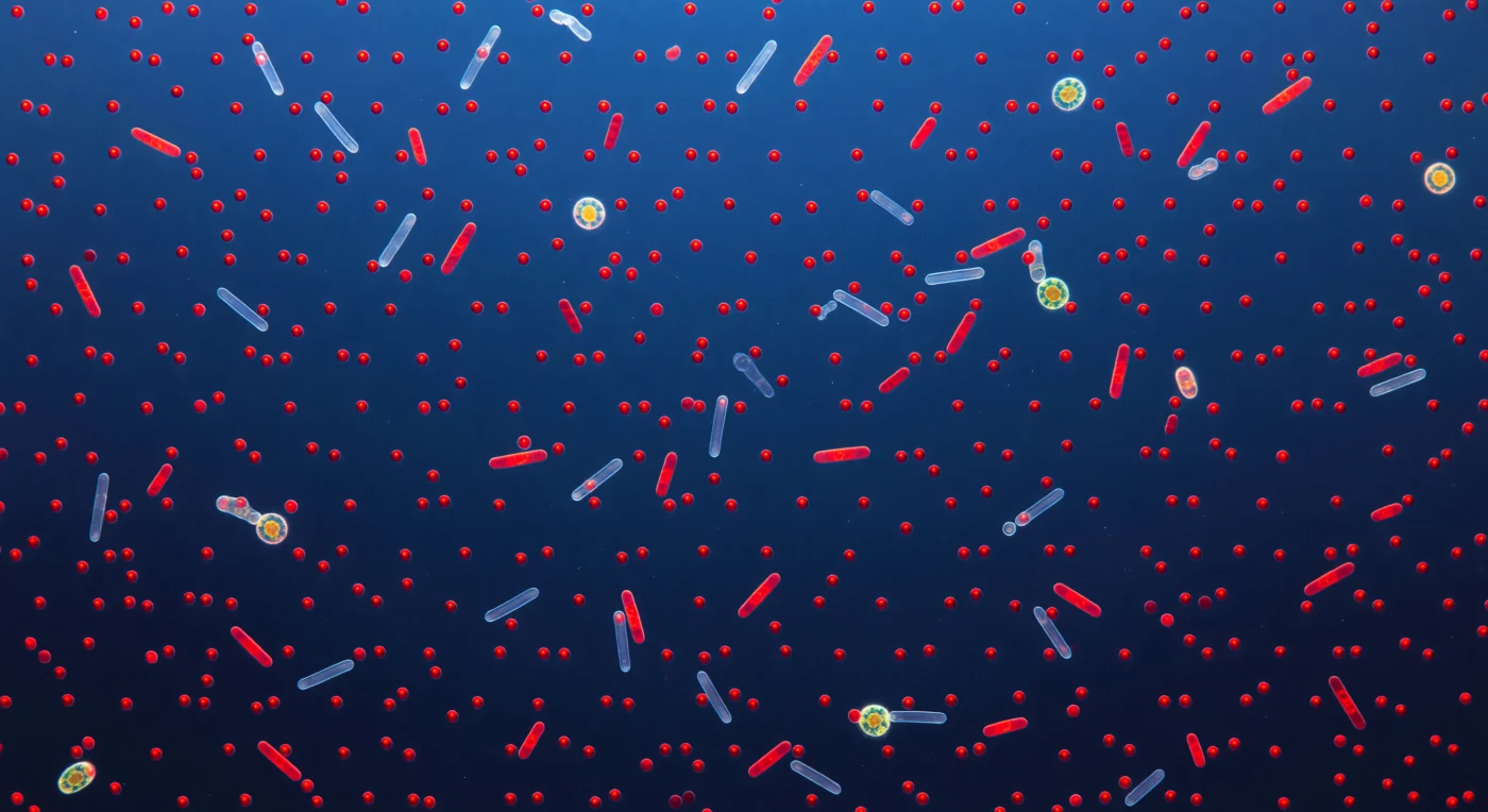 You are suspended inside what appears to be near-perfect emptiness, yet every cubic millimeter of this sunlit subtropical water holds a universe: deep-red *Prochlorococcus* spheres hang at regular intervals like self-luminous rubies in a sapphire medium, each one smaller than a wavelength of the red light it emits, glowing with warm chlorophyll fluorescence against the cold blue transmittance filtering down from the surface fifty meters above. Scattered among them, *Synechococcus* cylinders radiate a slightly warmer orange-red, their phycobilisome pigments giving each tiny capsule a heterogeneous internal blush, while ghostly bacterial rods drift in slow Brownian arcs — visible only as faint prismatic outlines where their membranes refract the ambient blue. This is the oligotrophic gyre at its most paradoxical: among the least productive waters on Earth by conventional measure, yet sustaining the most abundant photosynthetic organisms ever discovered, with *Prochlorococcus* alone reaching densities of 100,000 cells per milliliter and collectively fixing more carbon than any other genus on the planet. Somewhere far above this intimate ruby cosmos, the gelatinous filters of salps and larvaceans are sweeping this very water through mucus meshes finer than half a micron, harvesting these glowing beads one by one and compressing them into dense fecal pellets that will carry their fixed carbon in a single gravitational arc toward the seafloor — the biological pump made visible, its fuel hanging here in three-dimensional perfection.