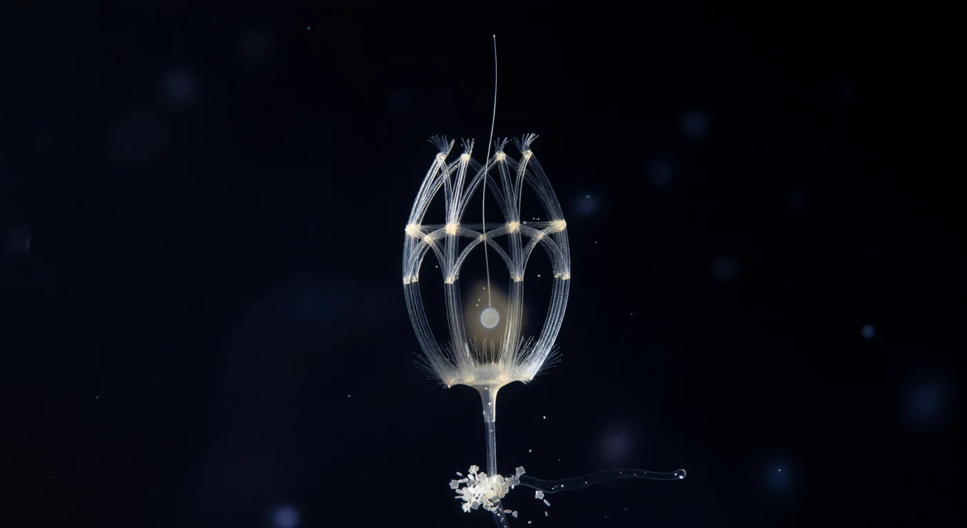 In the lightless reaches of the mesopelagic zone, a single *Diaphanoeca grandis* cell presents itself inside its self-assembled silica lorica — a gothic lantern of costal strips roughly 20 micrometers across, constructed from two interlocking rod systems: longitudinal ribs arching from base to apex like vaulting bones, cinched by transverse hoops, each silica filament blazing white under raking sidelight while the spaces between them breathe open as pure black negative space. The lorica is not decorative but functional, a rigid external scaffold secreted by the cell itself from dissolved silicic acid drawn from the surrounding seawater, its geometry channeling the flagellar current inward through the open anterior pole so that bacteria and dissolved organics are swept through the microvilli collar in a continuous filtration the cell maintains without rest. Within the cage, the living body is barely legible — a pale cytoplasmic haze in the lower interior, a faint nuclear ellipse, a corona of collar microvilli dissolving before they fully resolve, and the flagellum threading upward from that ghost of life into darkness, a single translucent filament whose beat at this frozen instant is invisible but whose consequence — the steady helical vortex drawing water across the collar mesh — is the reason this architecture exists at all. Below, the lorica stalk anchors to a marine snow aggregate whose diatom frustules catch the lateral light as tiny geometric mirrors, and beyond them the surrounding column is not simply empty but dense with implication: bioluminescent haze at the perimeter, bacterial rods too small to fully resolve, and the whole scene locked in the deep cold where choanoflagellates like this one have been filtering the ocean — and where their collar-cell body plan has persisted, essentially unchanged, as the closest living relative of every animal that has ever existed.