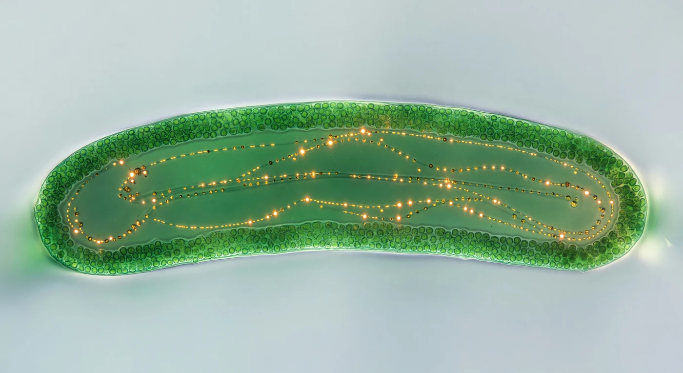 You hover directly above a curved green world that fills the entire field of view — the interior of a single *Caulerpa* stolon, two millimeters across, transformed by transmitted backlight into a self-luminous lantern of jade and malachite, its outer cortical mantle so densely packed with chloroplasts that it reads as a solid mosaic wall, while the central endoplasmic corridor opens inward like the nave of a cathedral carved from living glass. This is a coenocytic organism: no internal walls divide it, no cell boundaries interrupt the continuous cytoplasm that stretches — in the same unbroken cell — through stolons, holdfasts, and fronds that may span meters of seafloor, all of it one. Within the darker central channel, cytoplasmic streaming moves at the pace of slow breathing, amber and honey-gold granules riding invisible actin cables in long arcing trajectories, some catching the transmitted light as sharp orange sparks, others trailing into short ochre dashes — a braided river of organelles conducting photosynthate and signals across a single cell's interior at one to ten micrometers per second. The surrounding seawater is almost invisible, present only as a thin prismatic highlight along the stolon's curved outer wall, beyond which the backlit glass fades to featureless pale grey, leaving the cell suspended in its own radiance like a stained-glass window held in fog.