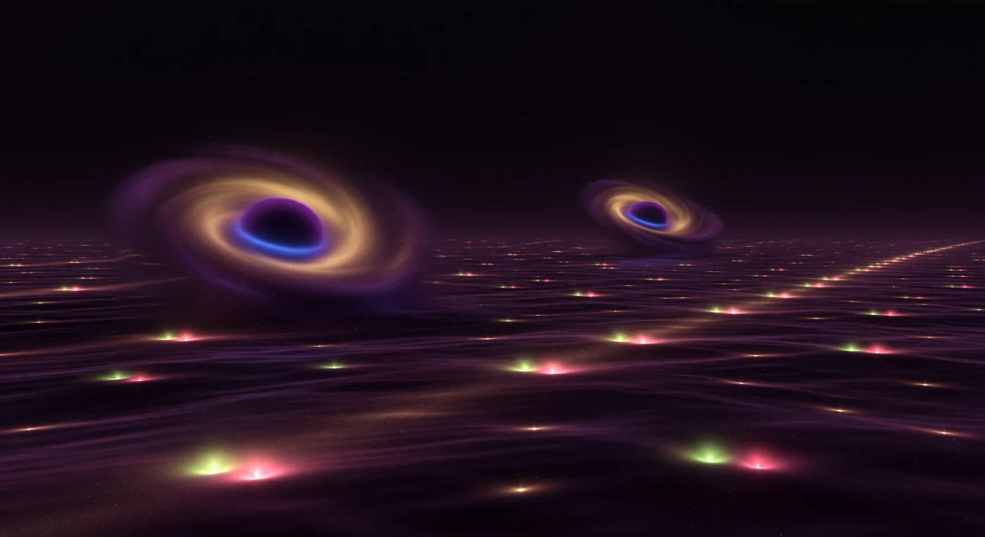 The viewer stands on a near-black magenta expanse that is not soil but the restless QCD vacuum itself, a field-formed membrane rippling with low, tessellated waves. All around, paired green-red and blue-yellow flashes erupt and vanish in yoctoseconds, marking virtual quark-antiquark creation and annihilation as the strong force churns beneath the surface. Every few moments, a deep purple instanton condenses into a spiral sphere, exhaling radial gluon field lines before dissolving back into the dark, while a faint amber diagonal grain reveals the vacuum’s chiral asymmetry. The whole scene feels impossibly close and vast at once, as if the observer were immersed inside the invisible machinery that gives hadrons their mass, color, and structure.