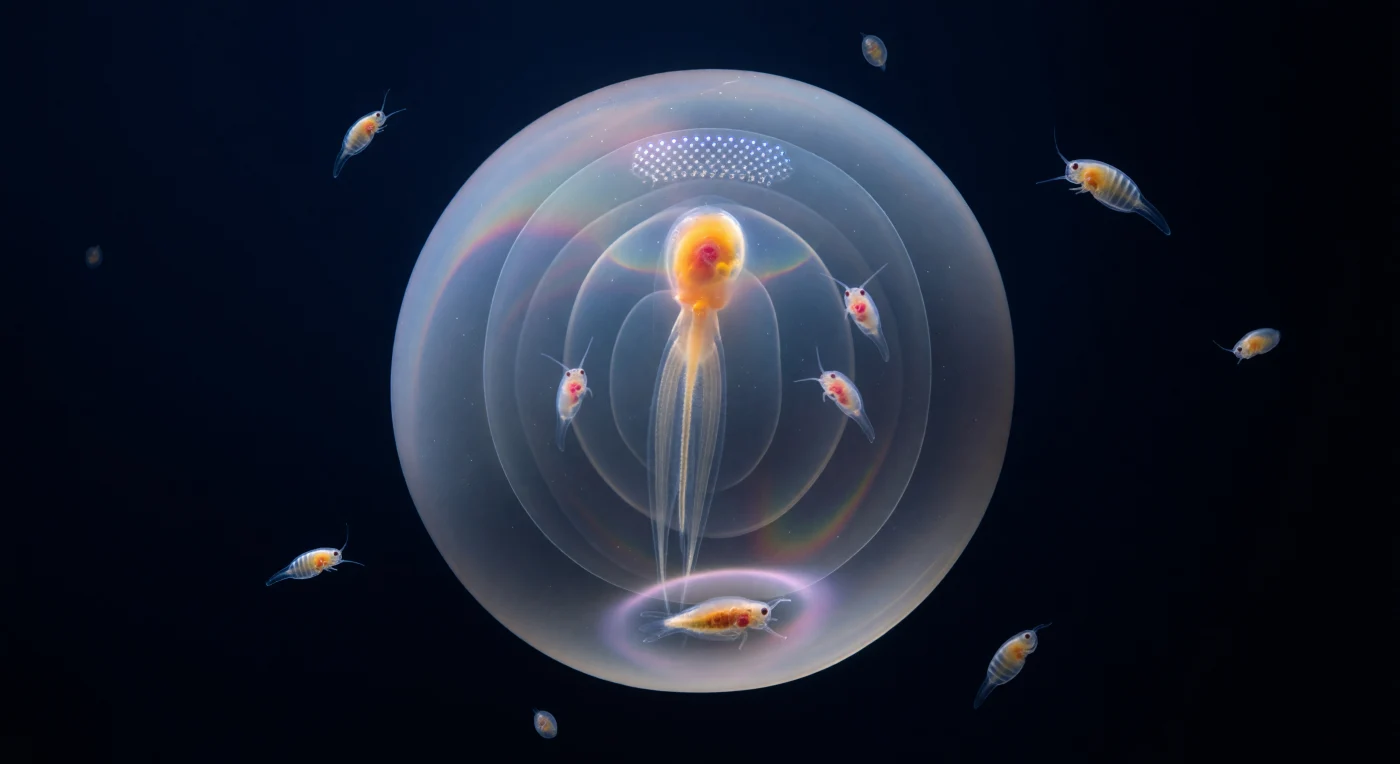 You hover one meter away in the mesopelagic dark, and the object before you occupies nearly your entire field of view: a sixty-centimeter sphere of mucopolysaccharide membrane, tensioned from within like a lung mid-breath, its surface scattering cold LED light into thin-film interference fringes of ice-blue, faint rose, and mother-of-pearl iridescence against water so dark it has no color at all. This is the house of *Bathochordaeus charon*, a giant larvacean — a tunicate no larger than a preserved apricot suspended at the geometric center of its own architectural creation, its ribbon tail beating in slow powerful strokes that drive water through concentric baffle layers of ghost-plane mucus toward the fine-mesh feeding filters at the anterior pole, each hexagonal cell of the inlet grid catching a pinpoint bead of blue-white light like a faceted window sixty microns across. The house itself is not a shell or a case but a living filtration machine, continuously secreted and structurally tuned to capture bacteria and picophytoplankton invisible to the naked eye, yet assembled at a scale that dwarfs most zooplankton in the surrounding water column. At the inlet grid, three copepods hover in cautious suspension — drawn by the feeding current, compound eyes dark ruby against the sphere's glow, bodies transparent enough to read their organs — while an amphipod pressed against the outer membrane leaves a dimple rimmed in pale violet interference light, a reminder that this luminous architecture is, despite all appearances, nothing more than water, protein, and the slow muscular will of a creature smaller than your thumb.