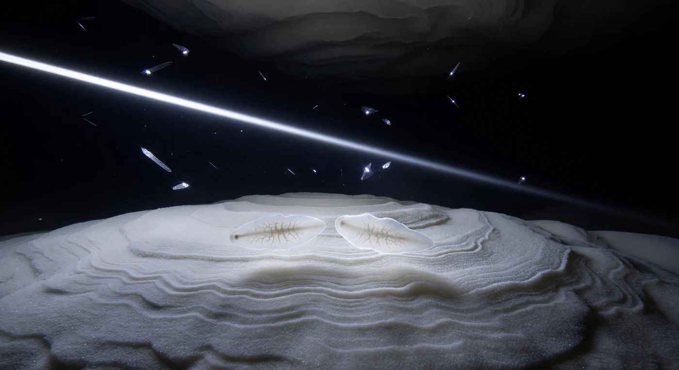 The spelunking beam finds them first — two white lozenges resting motionless on calcite sinter the color of old ivory, their bodies so pale and translucent that the branching gut diverticula glow through the tissue like river tributaries seen through frosted glass, warm beige-brown dendrites suspended inside a form that otherwise appears to be made of nothing but cold light and water. These are cave planarians of the genus *Dendrocoelum*, evolutionary refugees who have shed every pigment and both ocelli across countless generations in absolute darkness, navigating now by chemical gradients and vibration alone, their blunt anterior ends reading the subterranean stream through senses that have no use for the LED beam now illuminating them so clinically from above. Beneath their bodies, each animal floats above its own pale ghost-shadow cast by scattered upward light onto the sinter, while the calcite substrate itself — built in slow concentric ridges of deposited calcium carbonate, each layer a record of dissolved limestone precipitating from cold water over decades — fills the field of view like a frozen tundra of mineral, every ridge a soft lip of pale ivory frosted with microcrystalline texture. The water surface overhead is black glass, broken only by a single rigid stripe of reflected white light, and beyond the beam's edge the cave collapses into a darkness so complete that only isolated crystal facets betray their existence, igniting briefly as cold violet sparks before the void swallows them again.