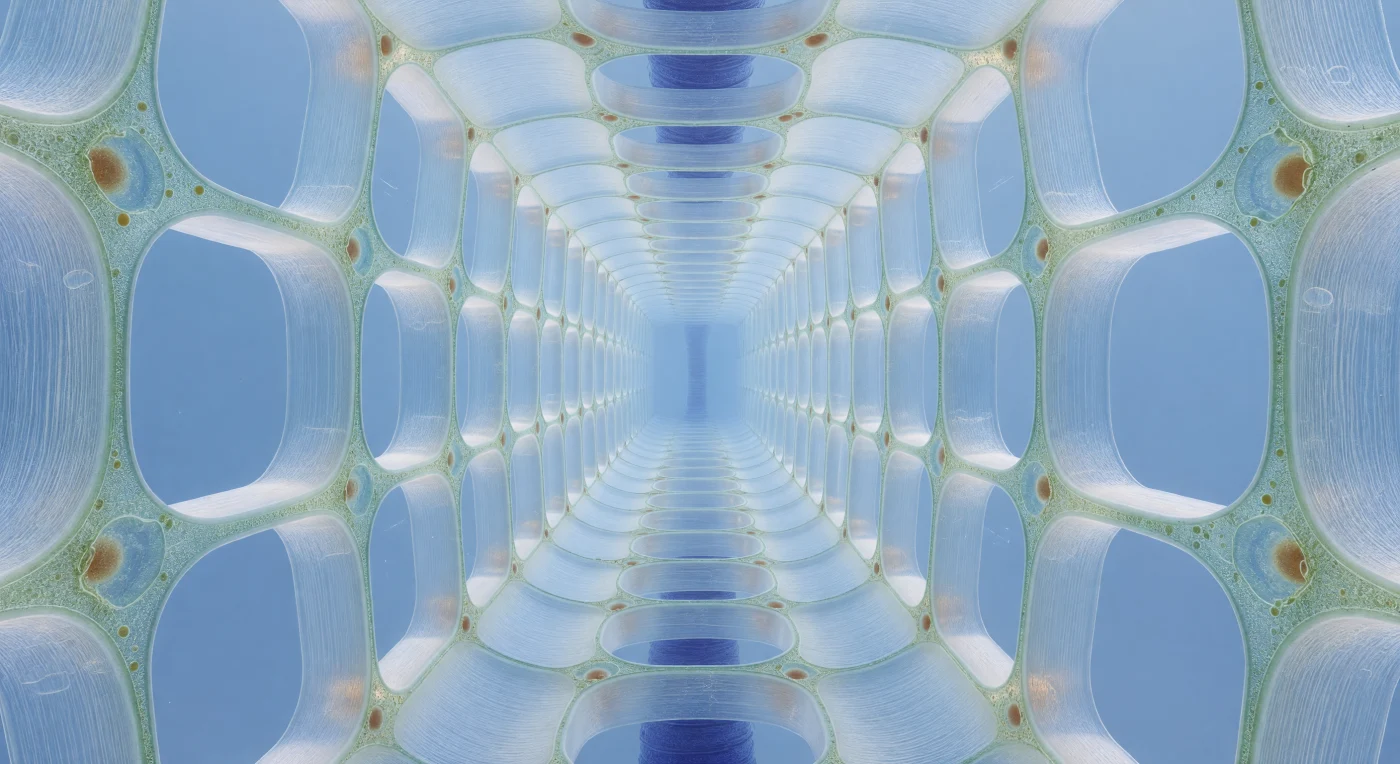 You stand inside a living cathedral of water and pressure, a corridor of stacked vacuolar chambers stretching ahead into a pale cerulean infinity, each cell towering roughly two hundred and fifty micrometres from floor to ceiling, its interior almost entirely consumed by a single vast vacuole — a volume of colourless, optically perfect fluid held under such hydraulic tension that the surrounding cellulose walls bow gently outward, glowing a translucent blue-white under transmitted light like frosted sea-glass under a shallow tropical sun. Life itself has been pushed to the absolute margins: the living cytoplasm survives only as a gossamer pale-green film pressed against the interior face of each wall, interrupted occasionally by a small amber-tinted nucleus roughly ten micrometres across, a dense sphere drifting at the edge of an ocean that makes the surrounding vacuolar space feel vertiginous by comparison. This is the root elongation zone in full hydraulic extension, a region where cells are no longer dividing but instead inflating — importing water through aquaporins, building turgor pressure that can exceed several atmospheres, and using that force to drive irreversible cell wall loosening and elongation through the coordinated action of expansins and xyloglucan endotransglycosylases acting on the cellulose microfibril network. Far down the luminous corridor, fifty cell-lengths into the aqueous haze, the central stele appears as a deep indigo axial column — the vascular core, dense with lignifying proto-xylem, absorbing rather than transmitting the light that pours through everything else around it, a structural spine marking the hydraulic highway that will eventually carry this water column upward toward the canopy.