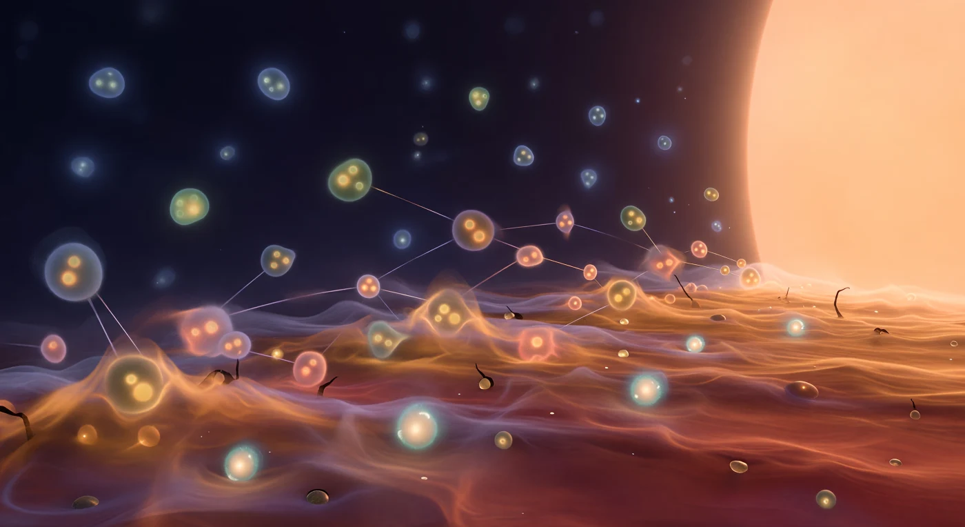 The observer stands precisely at the boundary where two irreconcilable phases of matter confront one another across a turbulent transition surf no wider than a single proton — on one side the confined hadronic realm, a cathedral-dark vacuum alive with isolated luminous motes of pions, kaons, and proton-mass baryons tethered to one another by hair-thin chromodynamic flux tubes that resist separation with an elastic force growing stronger the further they stretch, and on the other an advancing wall of quark-gluon plasma, a state of deconfined matter that existed only in the first microseconds after the Big Bang and briefly re-emerges in the cores of ultrarelativistic heavy-ion collisions when temperatures exceed 150 MeV and the strong coupling constant weakens enough to liberate color charge from its hadronic prison. Within the transition zone itself — a band governed not by any surface tension visible to macroscopic intuition but by the non-perturbative dynamics of QCD at the crossover temperature — hadronic objects partially dissolve as their outer color-field halos fray and their flux-tube connections fragment mid-span, each severed string end releasing a brief blossom of luminosity before new quark-antiquark pairs nucleate from the vacuum energy and either reform into fresh hadrons or are absorbed into the advancing plasma front. Instantonic storms punctuate this surf as transient spherical brightnesses — compact topological fluctuations of the gauge field that tunnel between distinct vacuum states, each lasting a fraction of 10⁻²⁴ seconds before collapsing back into the chromodynamic foam — while dark fingers of partially hadronizing matter briefly penetrate inward against the plasma face before sealing over with bronze warmth. The entire scene is lit by a profound asymmetry: behind, only the cold self-luminescence of individual hadronic motes and the faint iridescent haze of the confining vacuum condensate; ahead, the indiscriminate thermal radiance of fully deconfined matter pressing outward with the energy of a state where quarks and gluons move as freely as photons in a stellar corona.