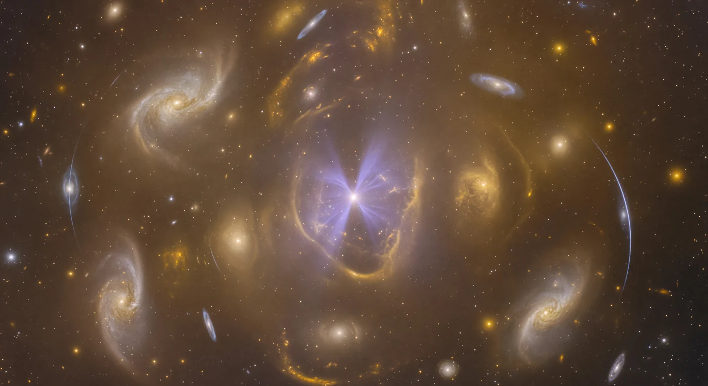 You are suspended at the gravitational core of a Coma-class galaxy cluster, surrounded in every direction by massive elliptical galaxies whose diffuse cD halos bleed outward through successive shells of intracluster light, suffusing the entire volume with a warm amber-gold fog of ancient, stripped stellar material accumulated across billions of years of galactic merging and tidal stripping. From the brightest cluster galaxy directly ahead, two collimated jets of synchrotron-radiating plasma lance outward in electric violet-white, their concentrated indigo cores fraying into vast asymmetric radio lobes that carve subtle X-ray cavities in the surrounding intracluster medium — a hot, invisible thermal plasma at tens of millions of degrees whose pressure confines and sculpts the AGN outflow. Threading across the midground, brilliant blue-white gravitational arcs curve in partial Einstein rings around the nearest foreground ellipticals, each arc the gravitationally lensed image of a far more distant background galaxy whose light has been bent and amplified by the cluster's immense collective mass, which is dominated not by the visible stellar material but by dark matter comprising roughly eighty percent of the total. The scene encodes, simultaneously, the physics of relativistic jet launching, thermal plasma dynamics, gravitational lensing, and the long slow cannibalism by which the central galaxy has assembled itself from hundreds of consumed predecessors, its pale champagne halo a fossil record of every merger stretching back across cosmic time.