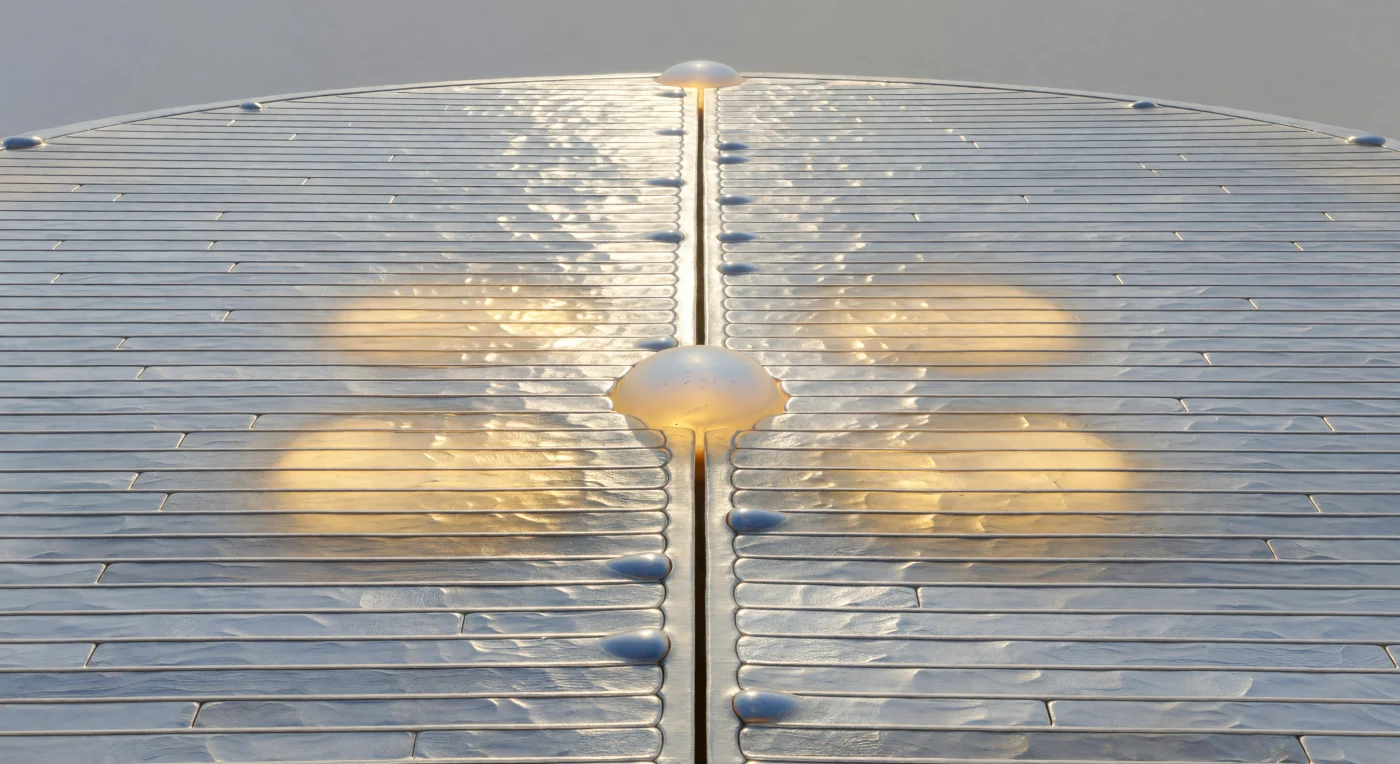 You hover above a continent-wide plateau of sculptured glass, its surface hammered into parallel ridges by polarized light that reads every nanometer of relief as though raking across cold metal at dusk — this is the valve face of *Pinnularia nobilis*, a pennate diatom roughly 150 micrometers from pole to pole, its frustule cast from amorphous biogenic silica deposited inside living membrane vesicles with molecular precision. The transverse costae march across the full width of the plateau in strict regimentation, each a low ridge of opaline material separated by rectangular bays where the silica thins and the differential interference contrast wavefront shifts from bone-white to dove-grey, while the central sternum runs the entire axial length as a pale luminous highway — the structural backbone from which the raphe slit is incised like a deliberate canyon, its absolute darkness hinting at the nanometer-wide groove through which this living cell extrudes adhesive mucilage to glide across substrates at speeds measured in micrometers per second. Beneath the cool metallic surface, visible through the silica as warmth bleeds through amber glass, two H-shaped chloroplast lobes glow with fucoxanthin-orange biology, and between them the nucleus sits as a frosted ellipsoid of sourceless interior light — two worlds stacked one over the other, the cold mineral architecture of a frustule that will outlast its maker by millions of years enclosing the warm, metabolizing, dividing life that built it.