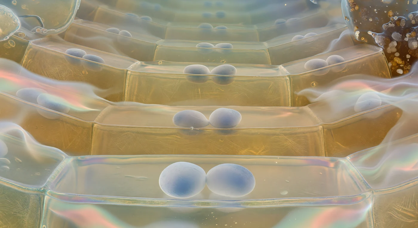 You are suspended just above the floor of a single columella cell, looking upward into a cathedral of living architecture that recedes tier upon tier into luminous amber-green distance. Directly before you, two or three amyloplast statoliths rest motionless against the lower plasma membrane — dense, chalky-white ovoids the size of boulders at this scale, their matte surfaces shading to faint blue-grey where transmitted light filters through, pressing gently into the membrane like polished stones dropped onto a drumhead; these are the plant's gravisensors, organelles dense with starch whose sedimentation toward the cell's gravitational floor is the root's only means of knowing which way is down. The membrane beneath them is barely visible, a soap-film meniscus shimmering with pearlescent interference colours — pale violet, ice-blue, gold — its tension holding the clear, almost optically empty cytoplasm in suspension, a medium so transparent it reads as pure water coloured only by a ghost of golden warmth where diffuse light grazes through. Rising overhead, the anticlinal cell walls curve upward as broad planes of translucent amber glass, the cross-hatched weave of cellulose microfibrils caught inside like a ghostly grid in thick honey-coloured resin, and through the semi-transparent ceiling you can make out the floor of the next cell tier, its own statoliths appearing as cloudy white crescents hazed by the intervening wall — a geometry that repeats, tier above tier, the successive ranks of cells growing smaller and more distantly lit, the whole stack receding to a cool blue-green twilight at the pyramidal apex where the columella dissolves upward into the meristematic zone. At the periphery, the outermost border cells are losing structural integrity, their membranes unravelling into a shimmering hydrogel haze of root mucilage — a polysaccharide secretion that refracts transmitted light into drifting spectral ribbons of salmon-pink and pale aquamarine, coating the surrounding mineral grains with a glistening biochemical halo that lubricates the root's passage through soil and negotiates the chemical boundary between plant and earth.