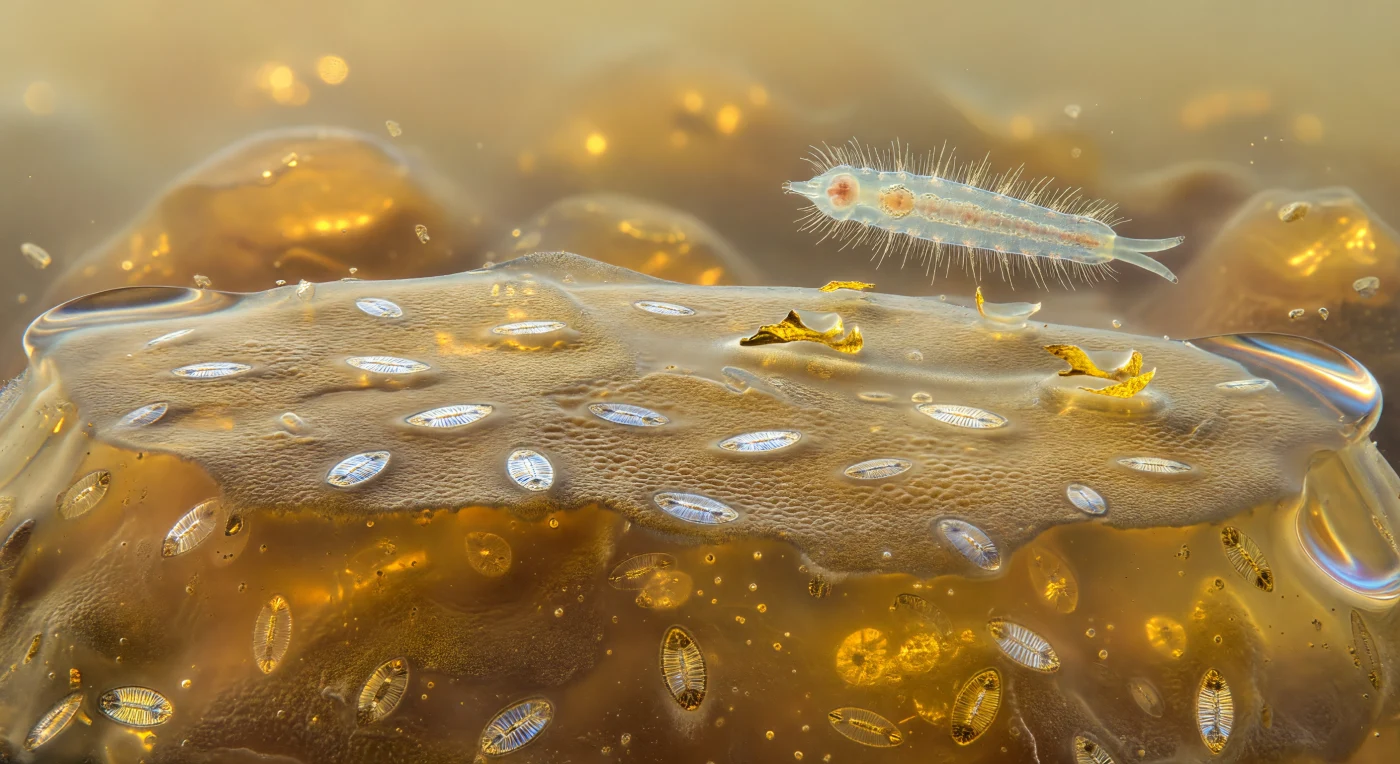 A single quartz grain dominates the view like a vast amber mesa, its translucent interior glowing with warm honeyed light refracted through layers of water and neighbouring grains dissolved into soft luminous boulders at the edges of perception. The grain's upper surface is not bare mineral but a living savanna of EPS biofilm — a gelatinous, gold-brown mat secreted by bacteria and half-buried diatoms, whose silica frustules flash cold geometric light like stained-glass fragments pressed into warm mucilage. Crossing this terrain from the upper right, a gastrotrich moves on two longitudinal bands of ventral cilia, each filament a silver hair caught mid-beat, the organism's transparent cuticle revealing the faint rose-amber shadows of a pulsing tri-radiate pharynx and granular gut within; behind it, two posterior adhesive tubes have just released the biofilm surface, leaving a pair of minute craters in the EPS where the glue-and-release mechanism operated, the mucilage still rebounding at the edges, catching amber backlight like crinkled foil. At this scale, surface tension and viscosity govern all motion — gravity is functionally irrelevant — and the thin concave menisci visible at the frame's periphery, where interstitial water clings to grain edges in faint blue-white curves, are forces powerful enough to trap or fling a body this size during tidal exposure. The entire scene breathes with the slow chemistry of a living sediment: oxygen diffusing downward through microns of overlying water, the biofilm mat metabolising, the gastrotrich grazing a landscape built equally of mineral and life.