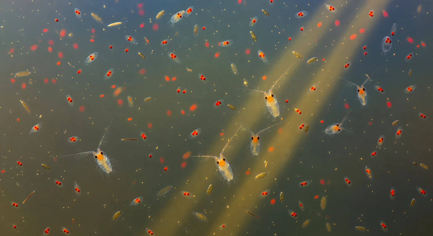 You are suspended in the water column at the scale of the smallest animals in the sea, surrounded by a breathing cloud of nauplius larvae — each one a ghost of living jelly, 120 micrometres of near-perfect transparency betrayed only by a single tripartite eyespot burning orange-red at its centre, silver antennal setae splaying outward like fractured crystal in mid-tumble. These are the hatching larvae of barnacles and copepods, the first free-living stage of crustaceans that will go on to dominate the ocean's food web; at this moment they exist in their tens of thousands per cubic metre, filter-feeding on the diatoms drifting among them — elongate *Nitzschia* frustules, their silica walls gold-brown and prismatic, catching the low dawn light like scattered amber needles. Narrow Tyndall beams of amber morning light pierce the turbid estuarine water from above, made visible by suspended clay minerals and detritus, illuminating thin golden corridors through the swarm in which transparent larval bodies briefly ignite into pale fire, their eyespots flaring a deeper crimson. Into the middle distance the larvae lose all form and become only ruby sparks receding into blue-green turbid obscurity — dozens of them, then hundreds, constellation after constellation of burning points dissolving into the murk, the entire rear field a soft luminous fog of suspended embers that communicates, unmistakably, that every cubic centimetre of this grey-green water is shared by dozens of transparent lives.
