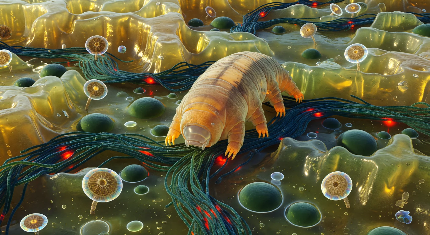 You are standing inside a cyanobacterial mat, eye-level with the extracellular polymeric substance that forms amber towers and channeled ridges around you, each gelatinous column backlit by warm transmitted light until it glows like honey-stained glass. Dense bundles of Oscillatoria trichomes rope across open capillary channels, their blue-green mass occasionally erupting in flares of brick-red autofluorescence where chlorophyll-packed sheaths catch the light, while golden-brown diatom frustules jut from the EPS at oblique angles, their silica geometry refracting pale prismatic halos at every edge. This entire landscape — canyon walls, rope bridges, embedded monuments — is measured in microns, a world where surface tension forms curved walls of glass-like transparency and gravity matters far less than capillary adhesion. Into the foreground of this biofilm prairie, a tardigrade drives its anterior bluntly downward, buccal apparatus pressed against a filament bundle, stylet lancets working to pierce cyanobacterial cells while the pharyngeal bulb pulses visibly through the semi-translucent cuticle; the front legs are splayed and clawed deep into the EPS for purchase, the body arched in a taut muscular bow, rear legs dragging slow furrows through the gel — a creature of perhaps 400 microns commanding the entire scene with the unhurried, deliberate force of something that has survived five mass extinctions.