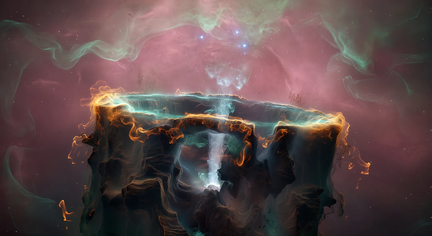 You are suspended at the apex of a molecular pillar whose sculpted crest rears beneath you like the crown of a petrified storm, its surface a dark compression of gas and interstellar dust — charcoal and basalt-brown — that has been accumulating and consolidating for millions of years inside a giant molecular cloud. Directly ahead, photoionization driven by a cluster of OB stars has eaten into the pillar's leading edge with geological patience, carving a fractalized ionization front where molecular hydrogen transitions, in a band barely wider than a cliff's edge, from cold near-black interior through amber and tangerine recombination glow into the surrounding H II plasma; the physics of this boundary — a photodissociation region only light-weeks thick — encodes in color a ten-thousand-year radiative history. From a cleft just below your position, a pale blue-white jet traces the exhalation of an embedded protostar still assembling itself in the pillar's protected dark interior, its outflow punching through the column's crust and fraying into teal wisps that dissolve within a few pillar-widths as the jet's momentum is thermalized by the ambient ionized medium. Above and in every direction beyond the pillar's rim, the H II cavity opens in volumetric magenta-rose — the integrated Hα emission of recombining hydrogen suffusing billions of cubic light-years into sourceless warm light — layered with translucent curtains of turquoise forbidden-line oxygen emission that billow with no wind across a space so vast that the pinpoint blue-white stars responsible for all of this erosion, all of this light, hang in the upper cavity like distant lamps casting hard shadows backward along the pillar's face.