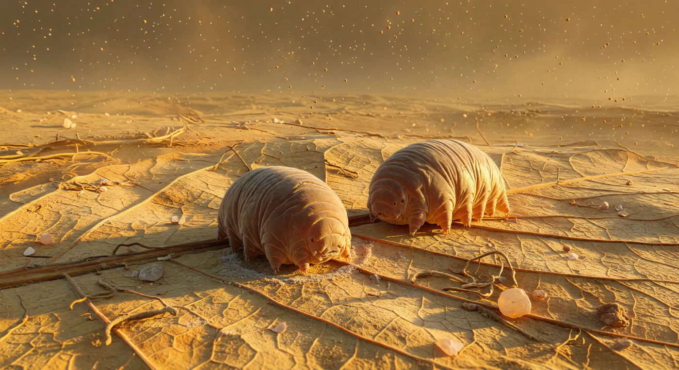 A vast, desiccated terrain fills the field of view — the collapsed cellular architecture of a single moss leaf transformed by drought into a crinkled, honey-gold continent, its buckled cell walls casting long ochre shadows under a raking amber sidelight that makes the entire microscopic world feel ancient and scorched. At the center of this parched landscape rests the tun: a tardigrade fully committed to anhydrobiosis, its 200-µm body contracted into a dense barrel of concentrically folded cuticle, the chitin compressed into concentric rings like a dried prune, opaque rust-amber at the deepest creases and faintly glowing where the oblique light catches the outermost ridges. Beside it, a second individual is mid-contraction — posterior legs already retracted into dimpled sockets, flanks beginning to crease, the cuticle still marginally translucent where residual hydration has not yet been surrendered, the paired ocelli visible as faint rust-red pinpoints flanking a contracting cerebral ganglion. This transition represents one of biology's most extraordinary survival mechanisms: anhydrobiosis, during which the tardigrade expels nearly all free water, synthesizes vitrifying sugars and intrinsically disordered proteins, and suspends metabolism into a glass-like stasis capable of enduring decades of desiccation. Fungal spore beads drift slowly through the thick amber air column, and crystallized solute rings mark where the last water films evaporated, leaving these two animals — one already sealed, one in the final seconds of becoming — suspended in a silence that could last a century.