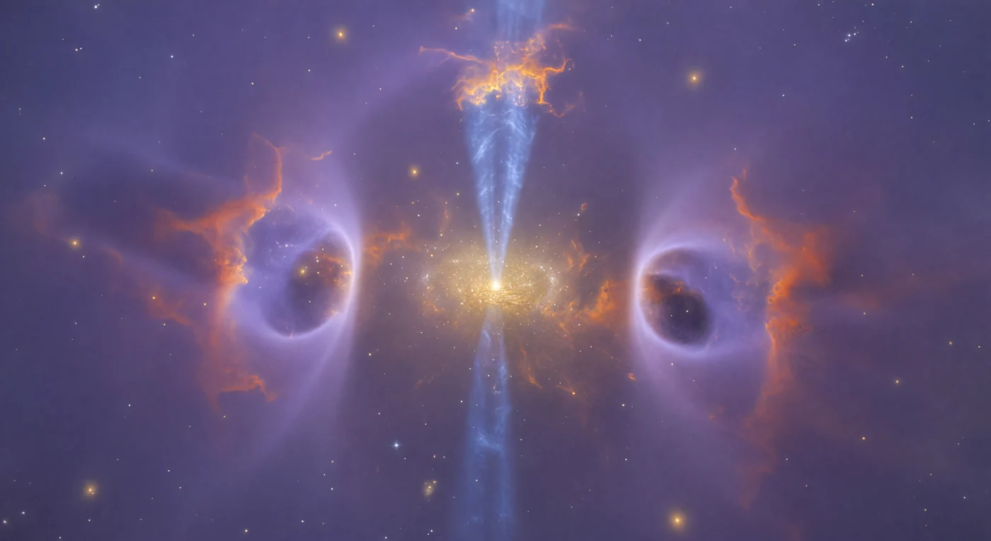 One megaparsec out from the nucleus, the scene is dominated by the galaxy's blazing golden core, its elliptical body dissolving at the edges into the faint violet-purple luminescence of the intracluster medium — a fully ionized plasma at tens of millions of degrees, so tenuous it would register as hard vacuum by any terrestrial measure, yet glowing continuously in X-ray frequencies across volumes larger than entire galaxy groups. From that warm nucleus, twin jets of relativistic plasma — electrons and magnetic fields wound together and accelerated by the supermassive black hole's accretion disk — knife outward in perfectly collimated blue-white columns, products of one of the most energetic continuous processes in the known universe, each carrying mechanical power equivalent to trillions of solar luminosities and suppressing star formation across the entire cluster by injecting energy into the surrounding ICM for hundreds of millions of years. Where the jets finally exhaust their collimation and thermalize against the resisting intracluster medium, they inflate into enormous orange-red radio lobes — structures spanning distances comparable to the separation between the Milky Way and the Andromeda Galaxy — their interiors filled with aging relativistic electrons radiating away their energy through synchrotron emission as the color shifts from electric orange at the shock front to deep rust further inward. Flanking the nucleus, the dark X-ray cavities — physical excavations carved by repeated jet outbursts over cosmic time — press ghostly ovoid shadows into the surrounding ICM glow, their soft pressure boundaries and concentric ghost rings of compressed, brightened plasma recording a history of episodic mechanical feedback written in the medium itself.