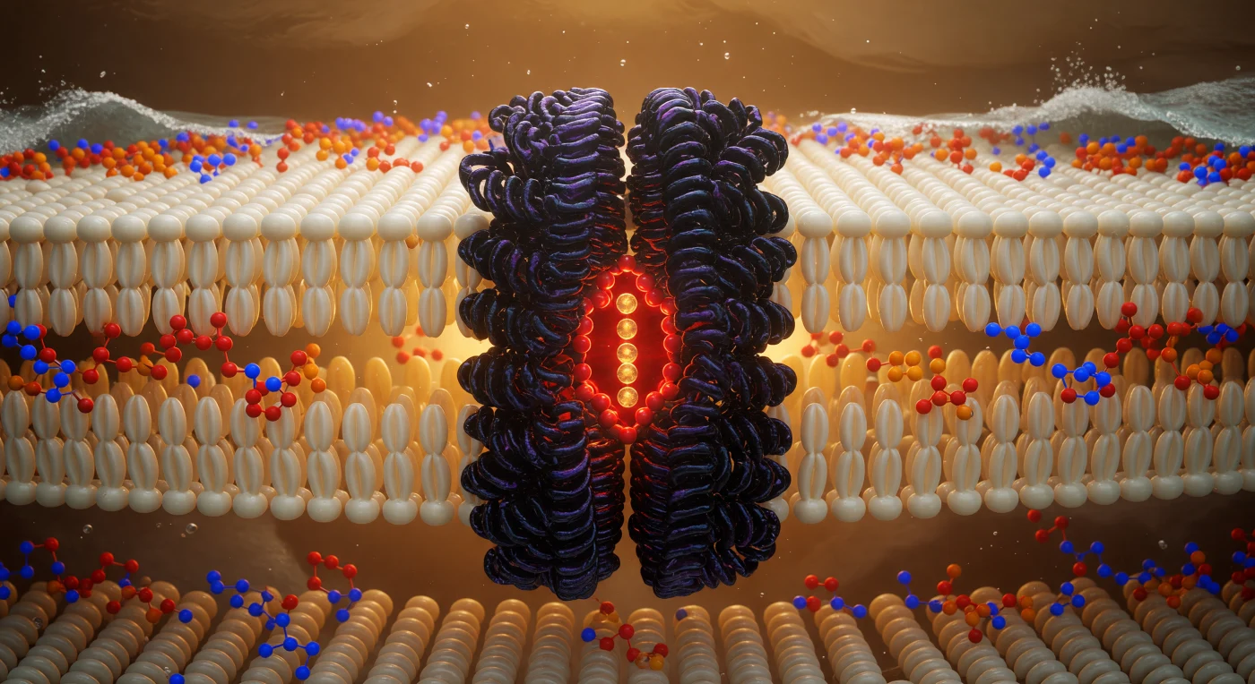 You are suspended at the geometric heart of a living membrane, hovering in the hydrocarbon midplane where phospholipid tails from opposing leaflets interdigitate in a dense, shimmering forest of ivory-gold carbon chains — each one a softly luminous cylinder roughly 0.4 nanometers across, packed so tightly that the interstitial spaces between them read as barely-there shadows in the ambient electrostatic glow. This hydrophobic core, spanning roughly 3–4 nanometers in total thickness, is the thermodynamic engine of membrane integrity: water is excluded not by any hard barrier but by the collective entropic cost of disrupting the hydrogen-bond network outside, making this oily interior a sanctuary of van der Waals stillness punctuated only by the ceaseless thermal writhing of unsaturated chain kinks. Rising through that fog directly ahead, the potassium channel — a tetrameric integral membrane protein whose transmembrane helices are stitched into the bilayer by hydrophobic matching, their nonpolar residues interdigitating seamlessly with the surrounding lipid tails — presents itself as a cathedral column of deep purple-black density, its fourfold symmetry resolving at the pore axis into the iconic selectivity filter: a precise angstrom-scale cage of backbone carbonyl oxygens that strips hydration shells from K⁺ ions and passes them in single file at rates approaching 10⁸ ions per second, burning red-orange with concentrated electron density. Above and below, two luminous headgroup shorelines mark the polar-nonpolar interfaces — phosphorus nodes flaring cadmium-orange, choline nitrogens pulsing cobalt-blue — while beyond them, invisible from here, the aqueous world hammers the charged surface with water molecules at hundreds of meters per second, the turbulent exterior pressing against this amber-lit interior like an ocean held at bay by chemistry alone.