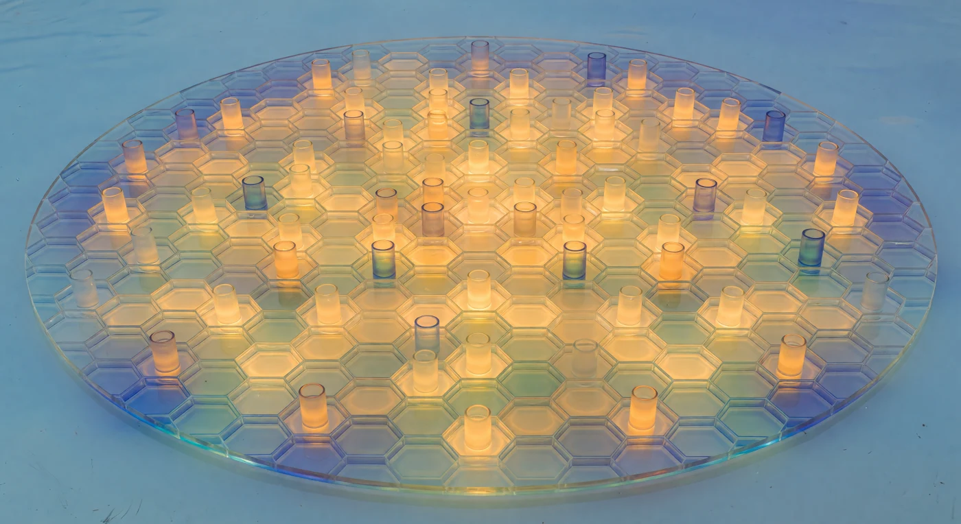 You hover above what appears to be an immense circular floor of luminous glass, every surface carved into a seamless tessellation of hexagonal chambers extending to the curved horizon in every direction — this is a single valve of *Coscinodiscus*, a centric diatom whose frustule of amorphous hydrated silica (opal-A) has been bioengineered at the nanoscale into concentric rings of areolae, each hexagonal cell measuring a few hundred nanometers across its silica walls yet collectively spanning roughly 150 micrometers of open ocean. Transmitted white light rises through the structure from below, refracting through silica walls of varying thickness to produce the warm amber glow at the disc's center and the thin-film iridescence — saffron bleeding into violet-blue — that blazes at the margin where the silica thins to near-transparency, the same interference physics that colors soap bubbles and butterfly wings. At regular intervals across this mandala plain, fultoportulae rise as hollow cylindrical glass chimneys, strutted processes whose open bores vent dissolved gases or mucilage strands outward into the seawater column, each tower catching backlight differently so that some glow amber from within while others rim themselves in cold diffractive blue and cast soft elliptical shadows across neighboring areolae, lending the otherwise flat valve its subtle topographic depth. The surrounding ocean is a faint cyan transparency, carrying wisps of dissolved organics that haze the upwelling light at your peripheral vision, and beyond the disc's beveled lip — flashing a last prism of blue-green iridescence — there is nothing but open water and the weightless suspension of a living glass architecture that, when this organism dies, will drift intact to the seafloor and endure in diatomite sediments for millions of years.