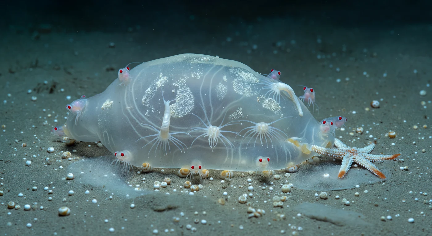 You float just above a pale ruin — a deflated salp, once a living jet-propelled barrel of near-invisible gel, now collapsed flat against the abyssal ooze at fifteen hundred meters, its circular muscle bands reduced to faint silver-gray striations beneath a skin of white bacterial biofilm. The carcass is the brightest thing in this entire world, catching the sourceless blue-green bioluminescent ambient glow and throwing it back as a soft luminosity against the gray-tan foraminifera-dotted sediment, each foram test a tiny chalk-white sphere or coiled disc pressed into silky silt. Around and across the carcass, an opportunist community has converged with the quiet efficiency of the deep: polychaete worms sweep feathery palps through the biofilm, a brittle star arm segments its way in from the sediment margin — ivory ossicles terminating in amber tube feet that press into the gel — and five amphipods rasp the carcass edge, their carapaces glassy enough to reveal pale viscera within but dominated by deep-red compound eyes that glow like tiny garnets against the cold monotone scene. This is the biological pump's final chapter played out at centimeter scale: a gelatinous body that sank from sunlit surface waters over days or weeks, carrying fixed carbon into permanent darkness, its substance now being partitioned among specialists adapted to exploit exactly this brief, unpredictable, irreplaceable windfall on an otherwise featureless plain.