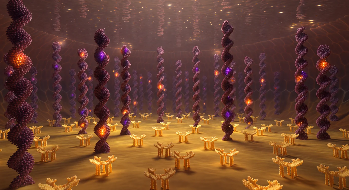 You exist as a dimensionless point suspended nanometers above the inner leaflet of a living archaeal membrane, and what surrounds you reads not as biology but as architecture — a cathedral interior assembled from chemistry alone, its nave defined by the ordered hexagonal forest of bacteriorhodopsin columns rising in violet-black clusters to a curved horizon that bends away in every direction like the inner surface of an enormous sphere. Beneath you, the caldarchaeol tetraether floor undulates in slow thermal breathing, its paired isoprenoid chains catching the sourceless reddish-violet luminescence from above and returning it as warm amber — a wax-glass plain of biological engineering so precise it looks quarried, its subtle corrugations and branching phytanyl texture carrying the fine grain of stone rather than molecule. Each time a scattered photon strikes a retinal chromophore buried within one of the helical columns, a single pillar pulses through deep amber and back again, the isomerization cascade radiating outward into the lipid field as a dying warmth that travels only nanometers before the surrounding molecular crowd absorbs it entirely, leaving only the low distributed glow of a system perpetually converting light into proton gradient. Above, the hyperconcentrated KCl cytoplasm refracts that faint light into prismatic halos around each column's crown, so that the cytoplasmic void overhead has the appearance of a pressurized brine sea viewed from the seafloor — its surface somewhere impossibly distant, and this latticed membrane world beneath it as ancient and geometrically absolute as anything geology has ever produced.